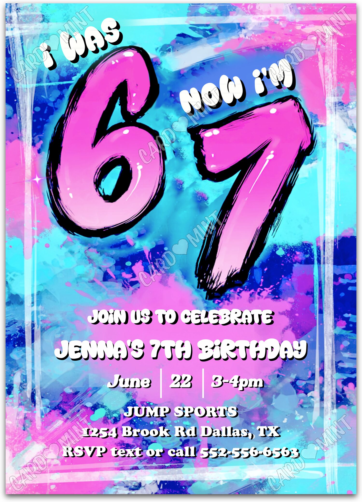 Editable Was 6 Now 7 pink, aqua & purple splashes girl Birthday Party 5"x7" Invitation EV1954