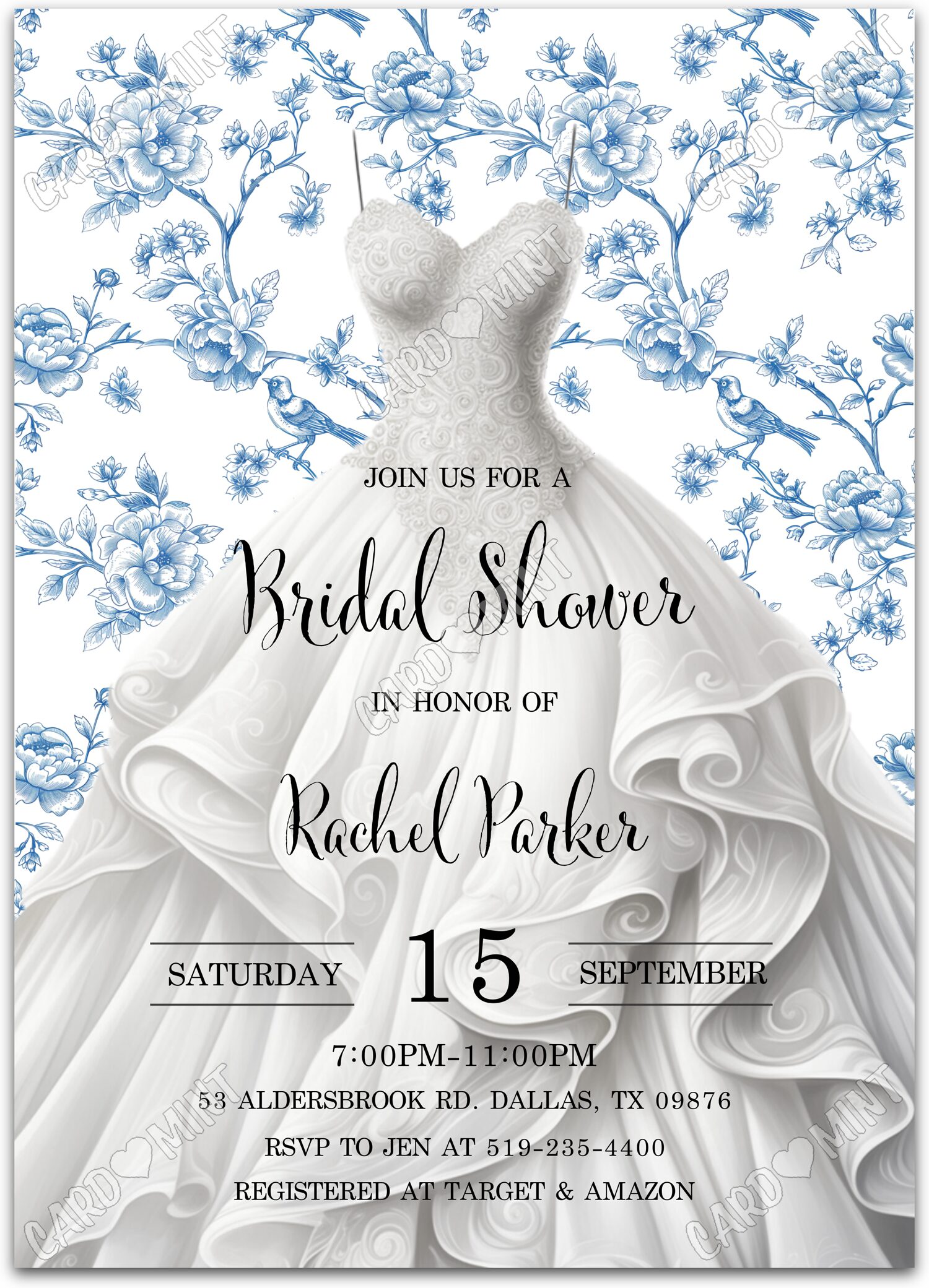 Editable Wedding Dress white blue & toile pattern Bridal Shower 5"x7" Invitation EV1956