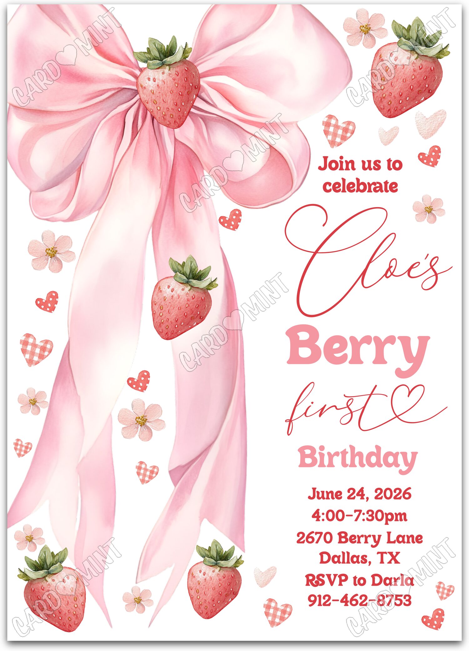 Editable Berry First strawberries & bow girl First Birthday Party Invitation EV1957
