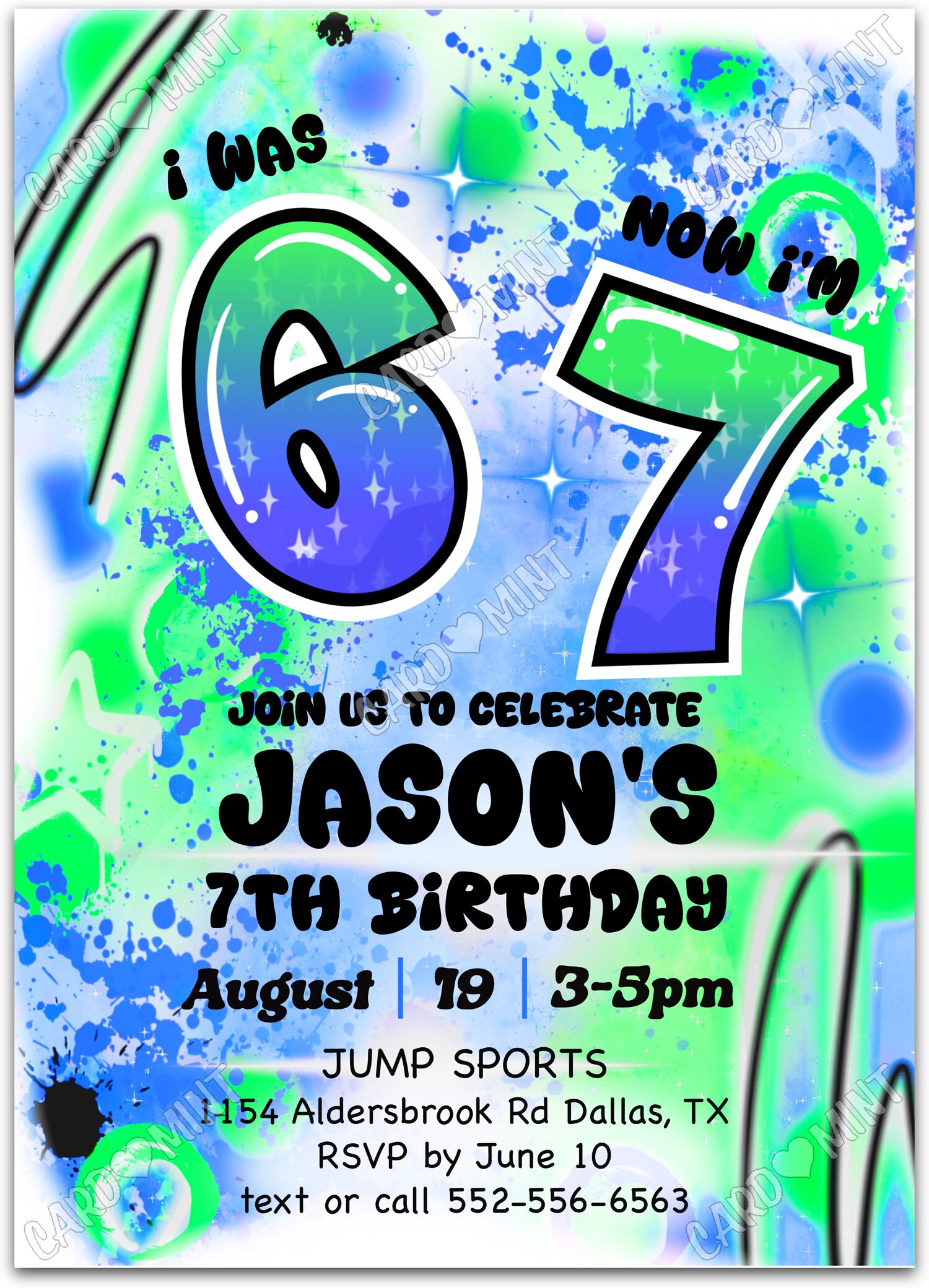 Editable Was 6 Now 7 blue & green splashes boy Birthday Party 5"x7" Invitation EV1961