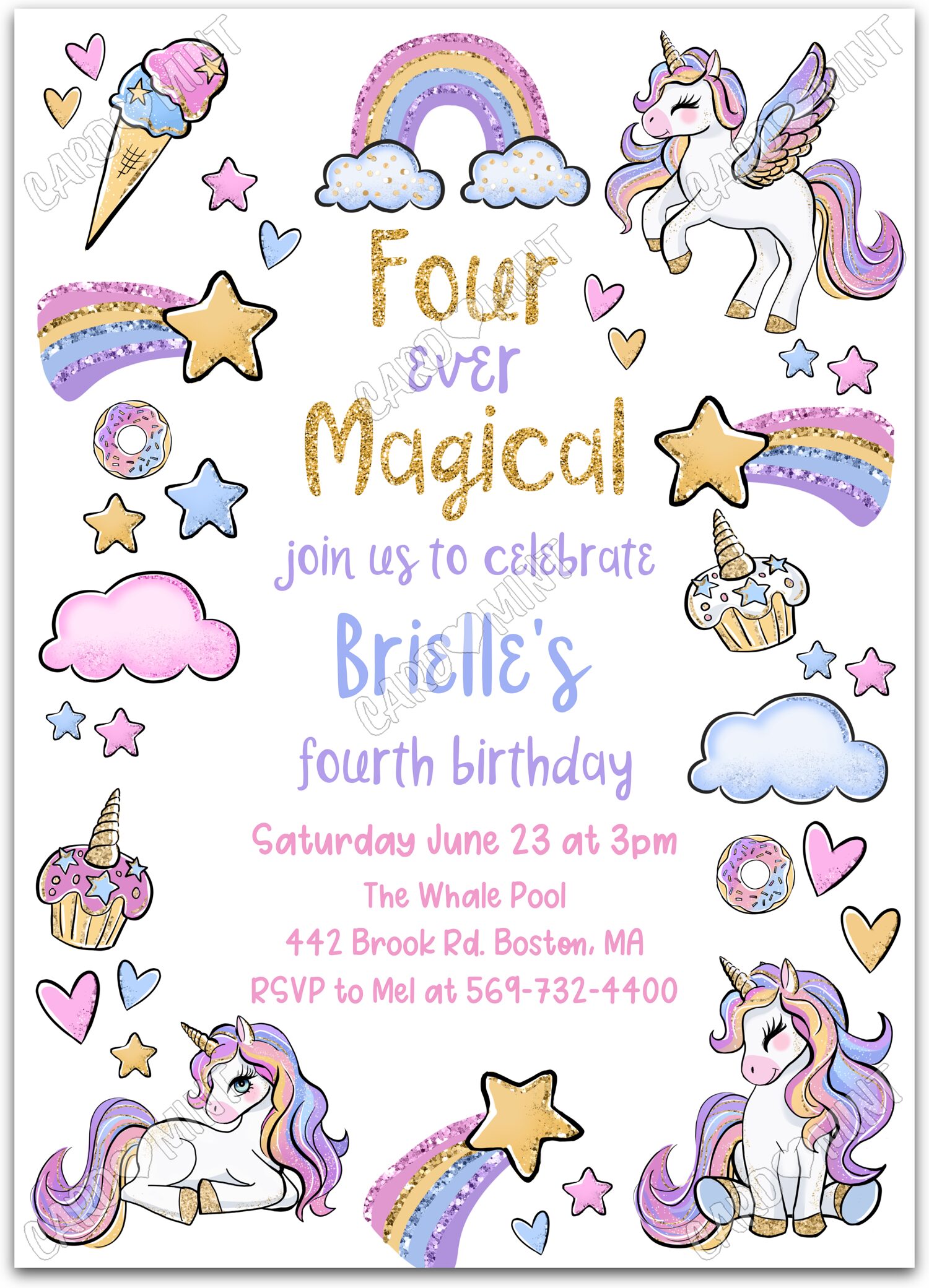 Editable Four Ever Magical unicorns & rainbows girl Birthday Party 5"x7" Invitation EV1963