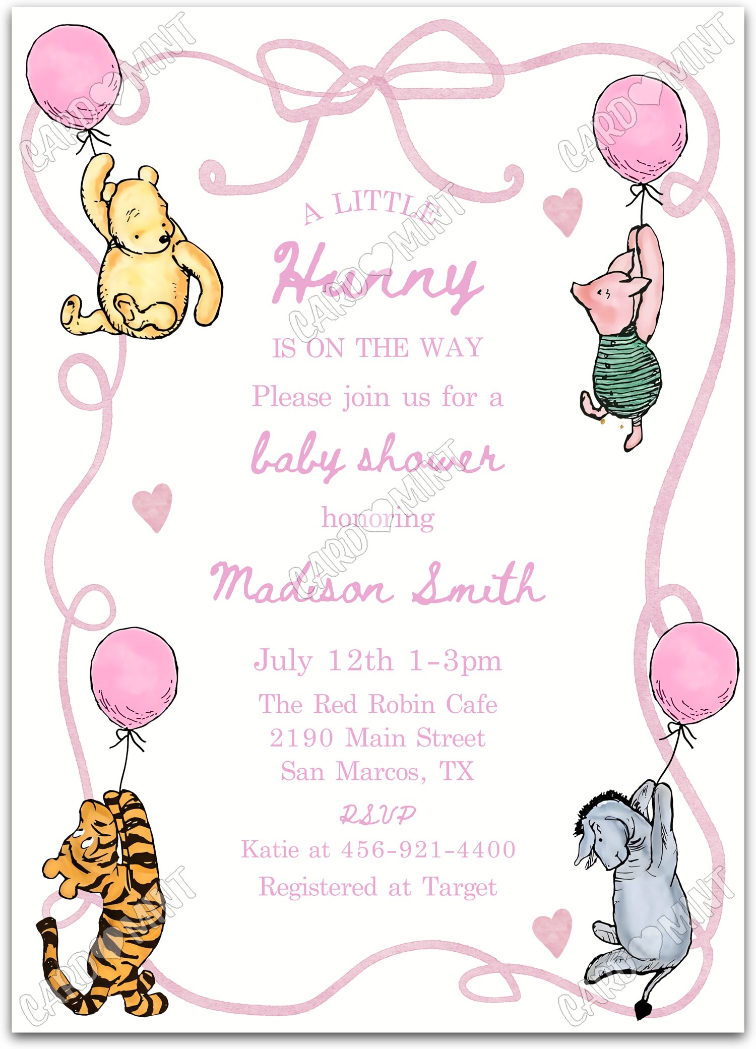 Editable A Little Hunny pooh & friends girl Baby Shower 5"x7" Invitation EV1965