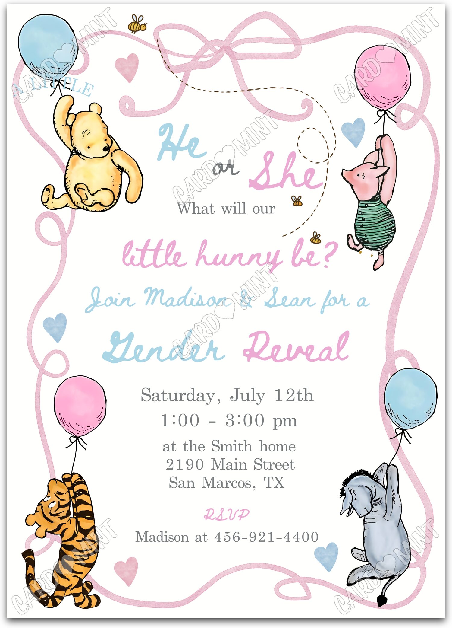 Editable Winnie the Pooh pink/blue Pooh & Friends Gender Reveal 5"x7" Invitation EV1968