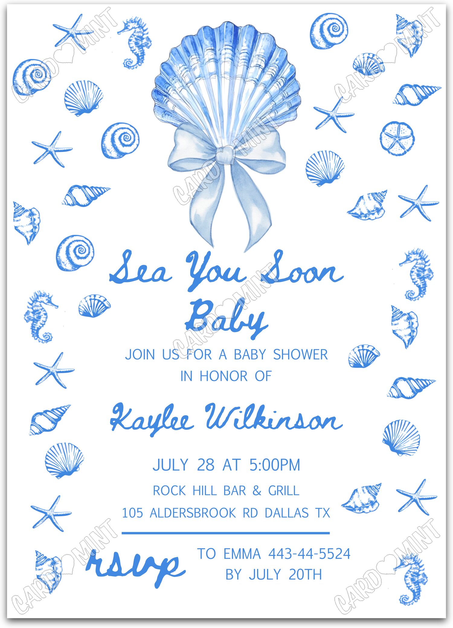 Editable Sea You Soon white blue seashells & bow boy Baby Shower 5"x7" Invitation EV1971