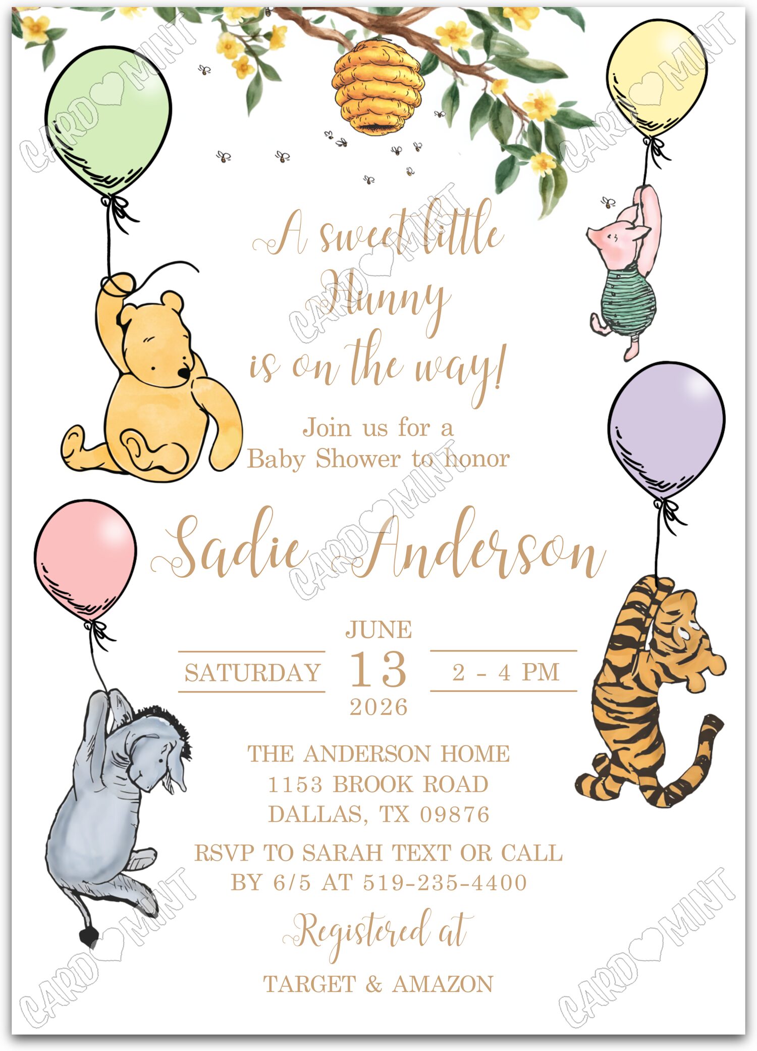 Editable A Little Hunny pooh & friends, gender neutral Baby Shower 5"x7" Invitation EV1975