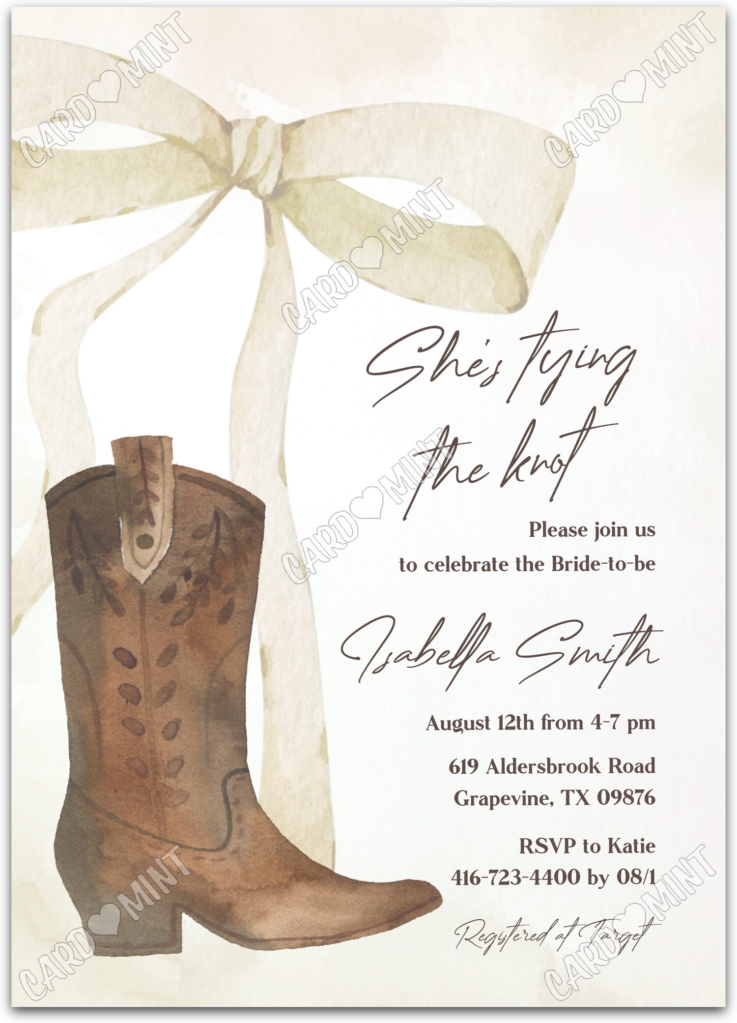 Editable She's Tying the Knot beige cowgirl boot & bow Bridal Shower 5"x7" Invitation EV1978