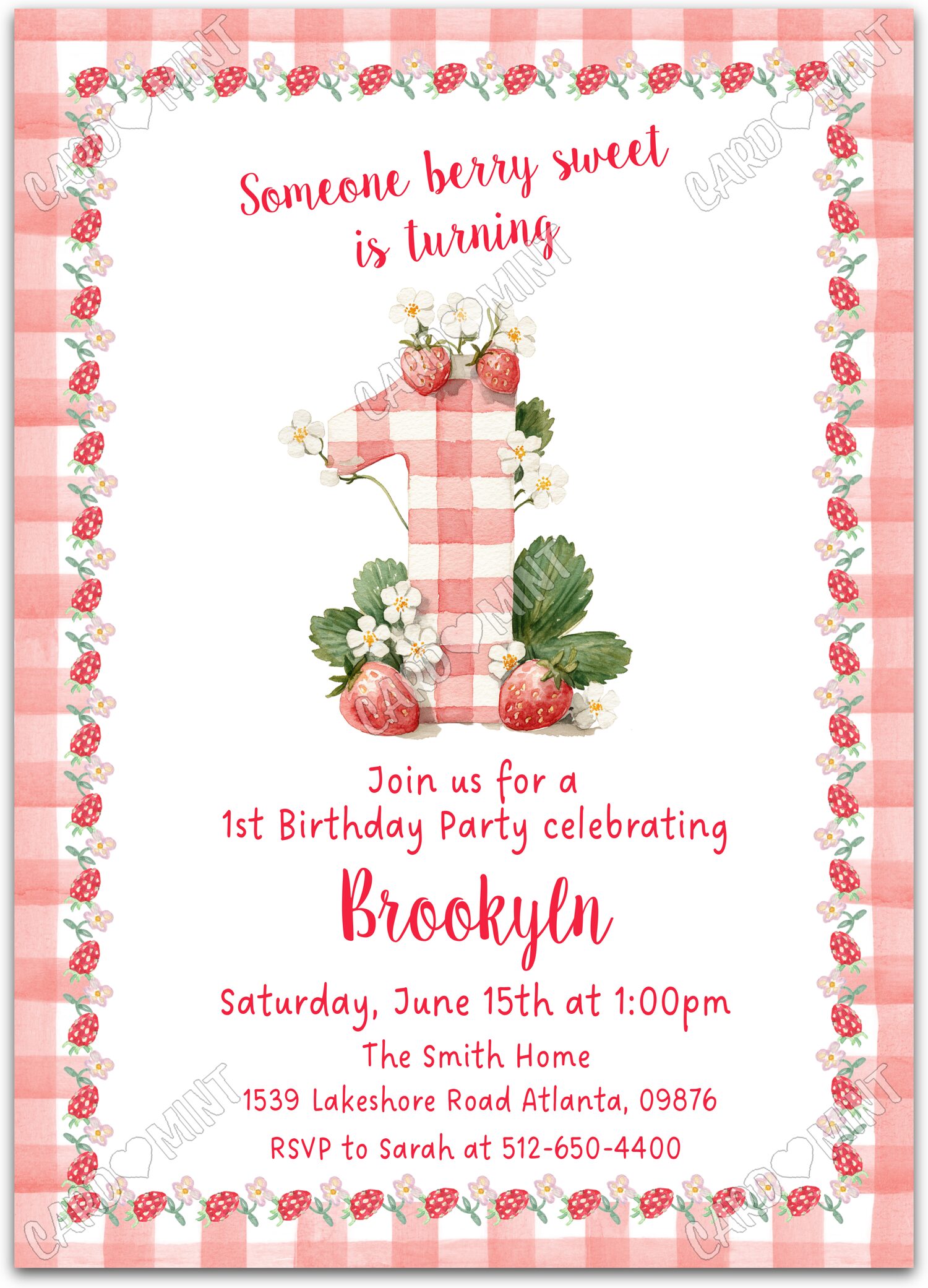 Editable Berry Sweet strawberries, pink & white gingham girl First Birthday Party Invitation EV1980