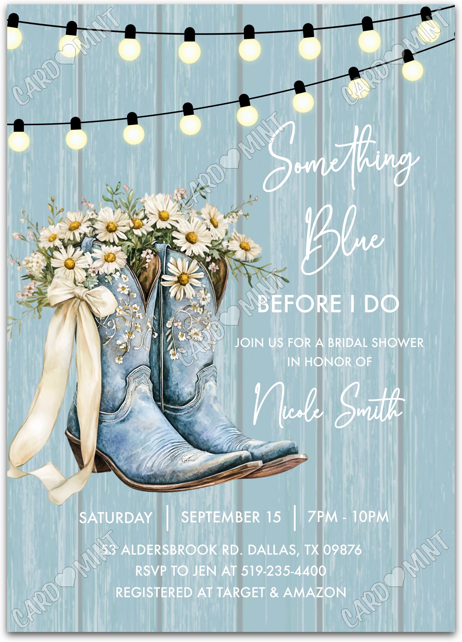 Editable Cowgirl blue cowgirl boots & daisies Bridal Shower Invitation EV1985