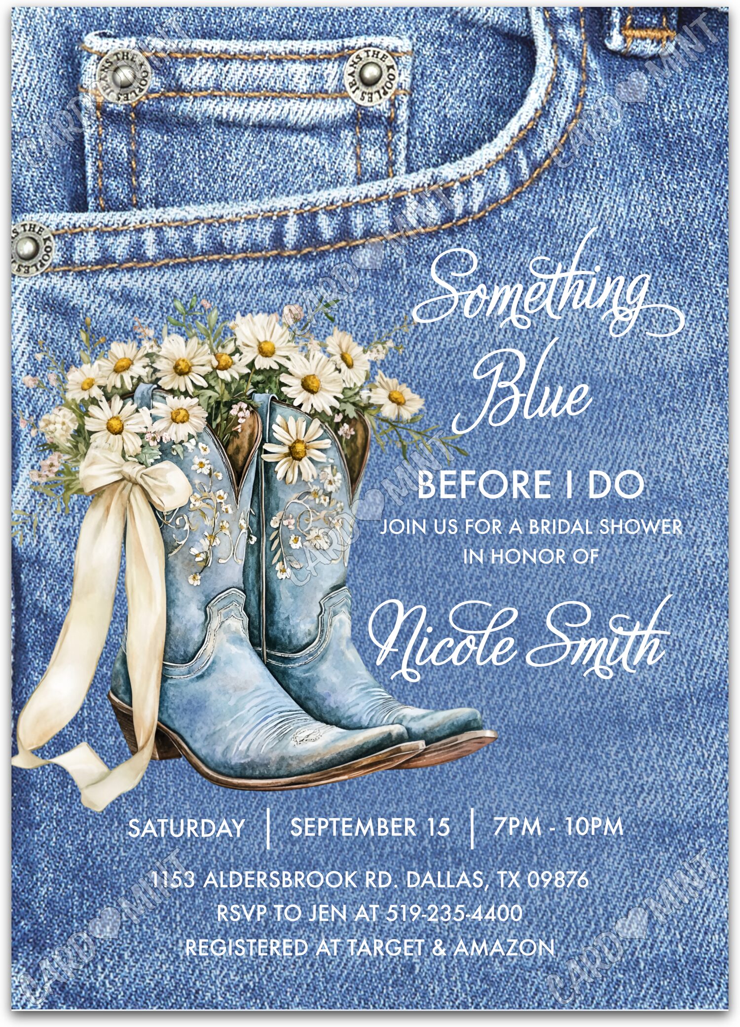 Editable Cowgirl Boots blue cowgirl denim & daisies Bridal Shower Invitation EV1986