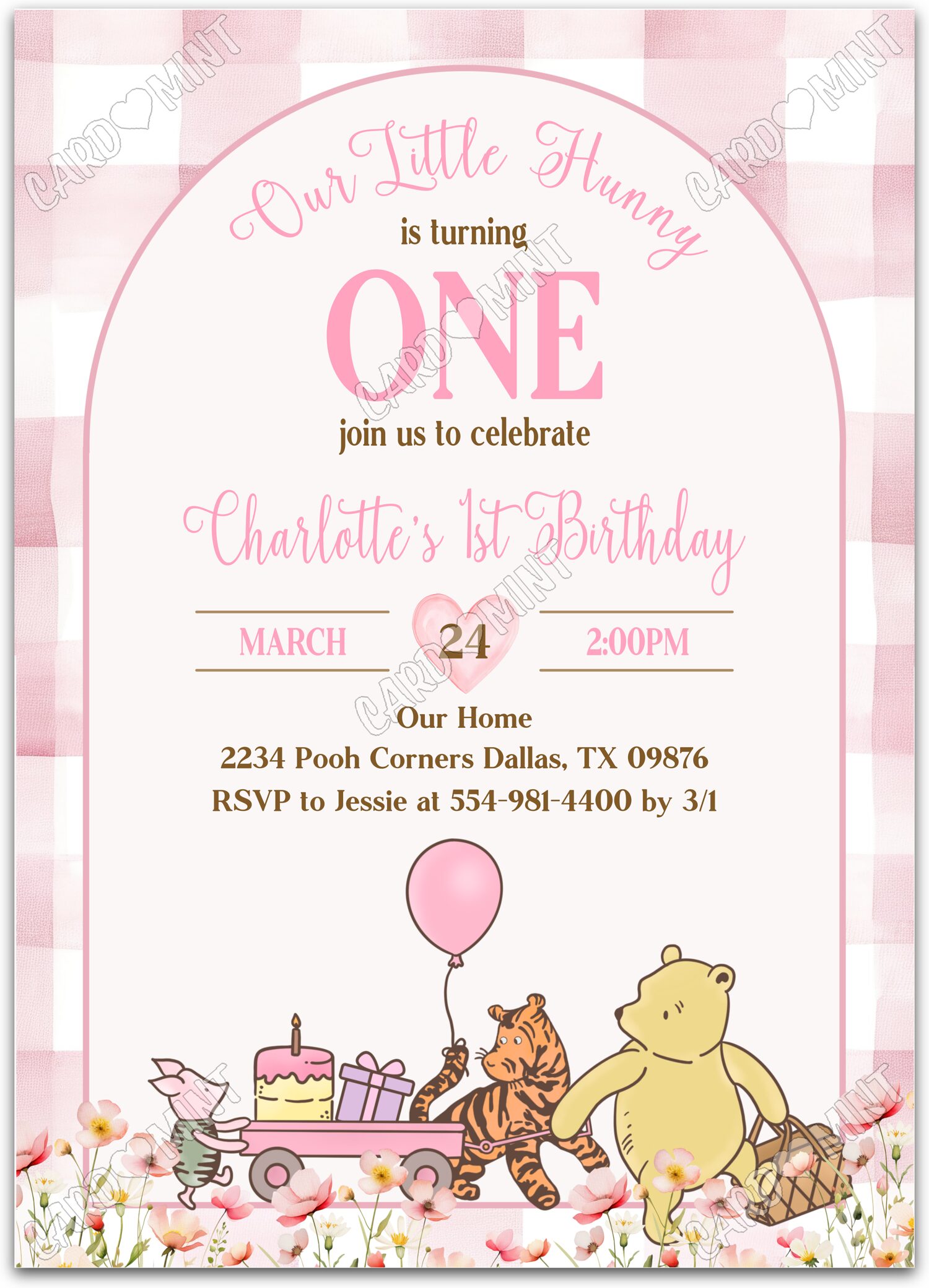 Editable Winnie the Pooh Pooh & friends in white & pink gingham girl First Birthday Party 5"x7" Invitation EV1989
