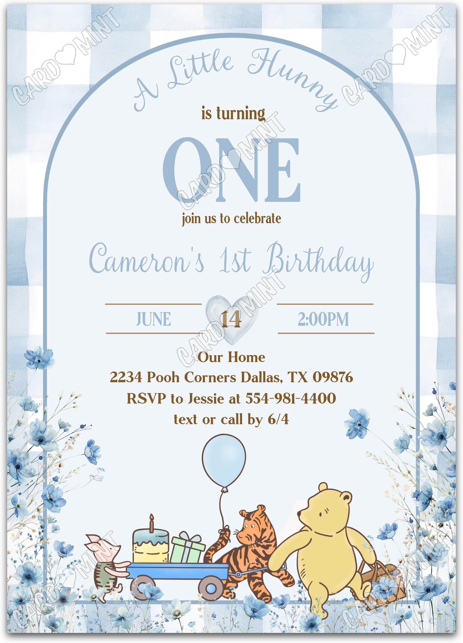 Editable Winnie the Pooh Pooh & friends in white & blue gingham boy First Birthday Party 5"x7" Invitation EV1990