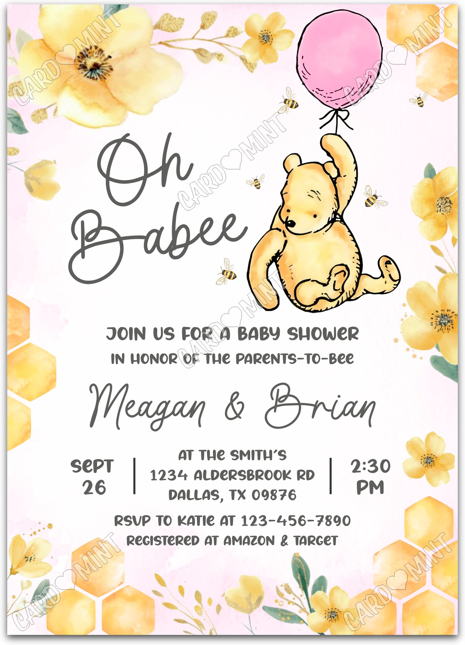 Editable Winnie the Pooh pink balloon, honey bees & yellow buttercups girl Baby Shower 5"x7" Invitation EV1991