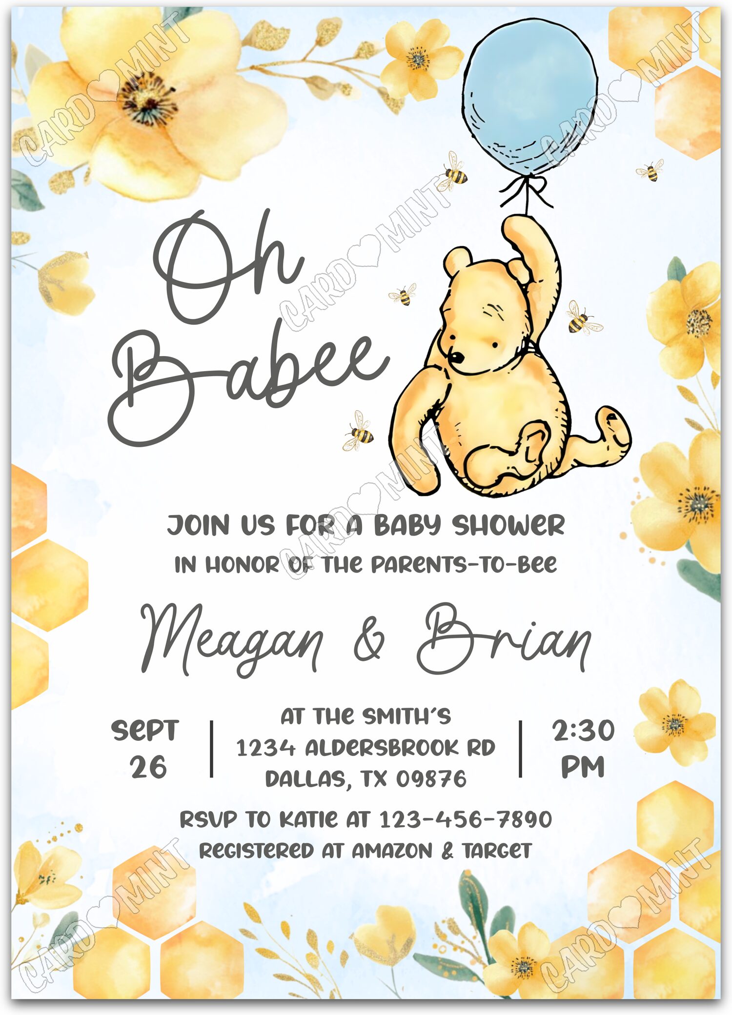Editable Winnie the Pooh blue balloon, honey bees & yellow buttercups boy Baby Shower 5"x7" Invitation EV1992