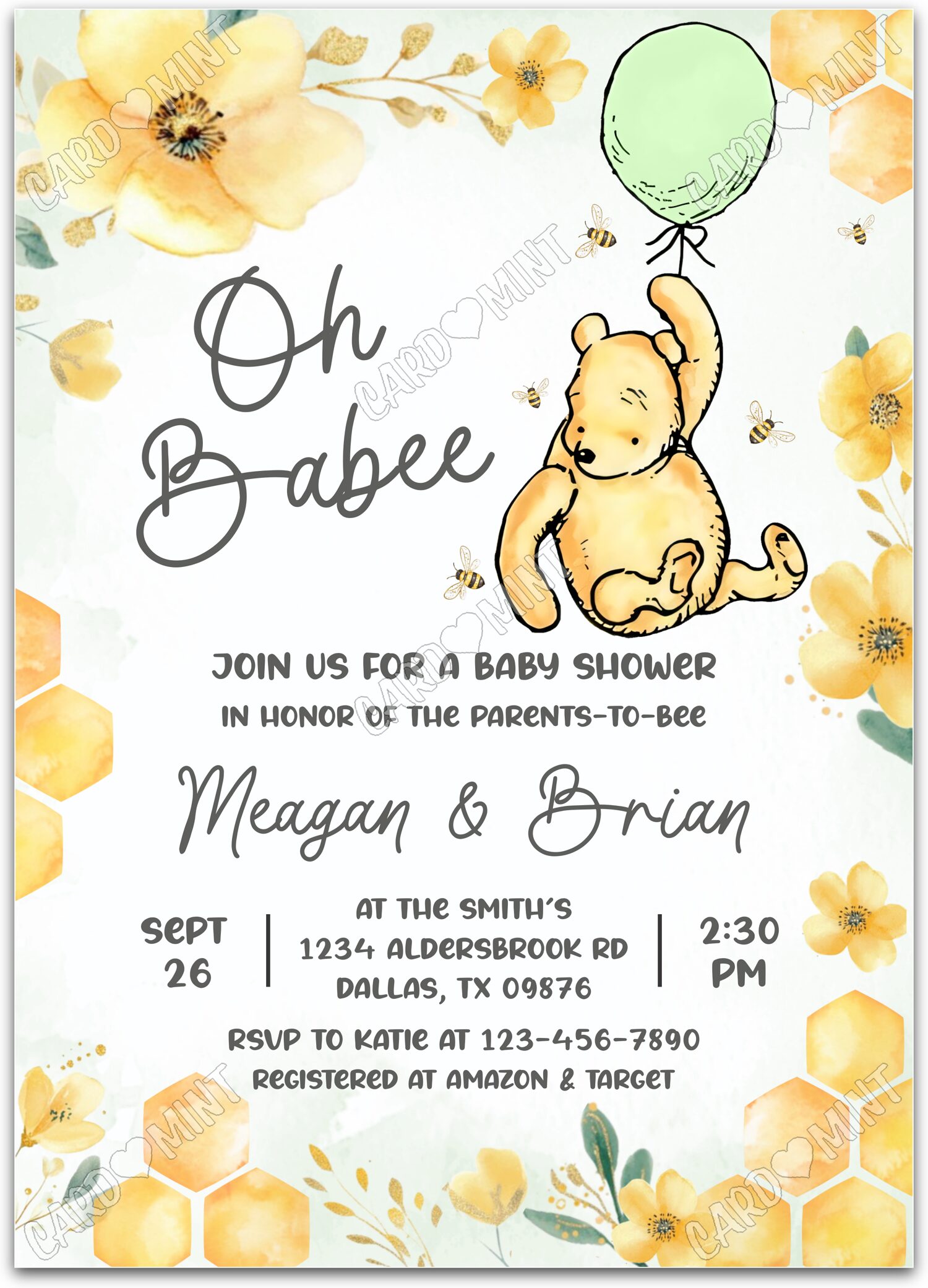 Editable Winnie the Pooh green balloon, honey bees & yellow buttercups neutral Baby Shower 5"x7" Invitation EV1997