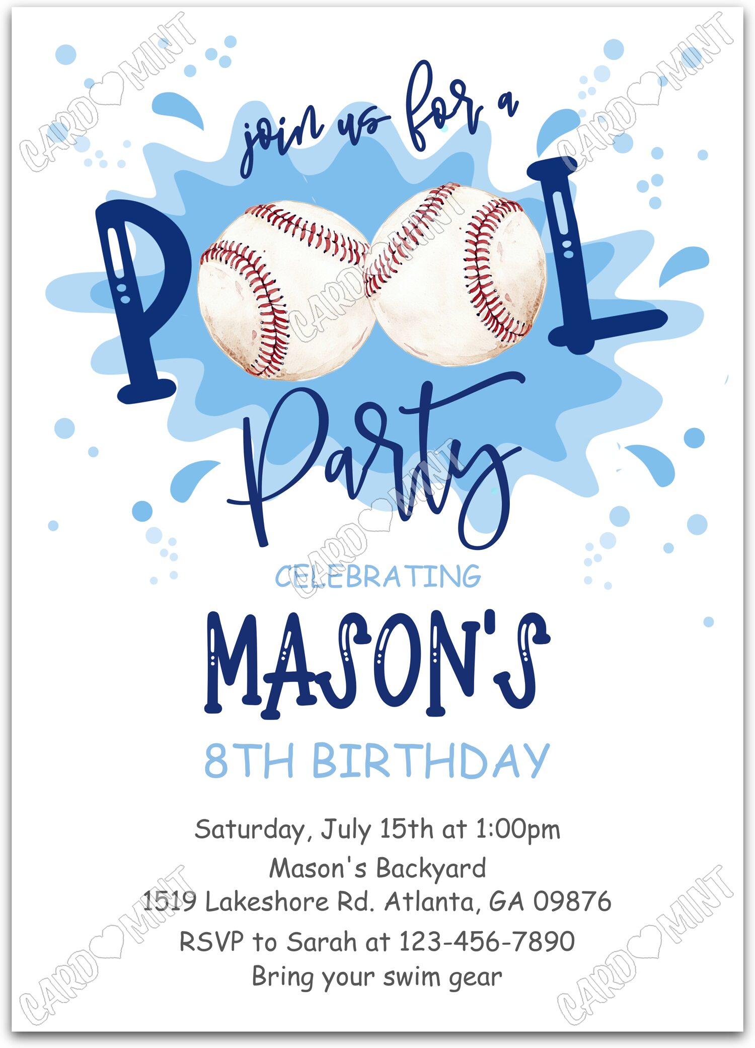 Editable Pool Party white big splash blue and Birthday Party 5"x7" Invitation EV1998
