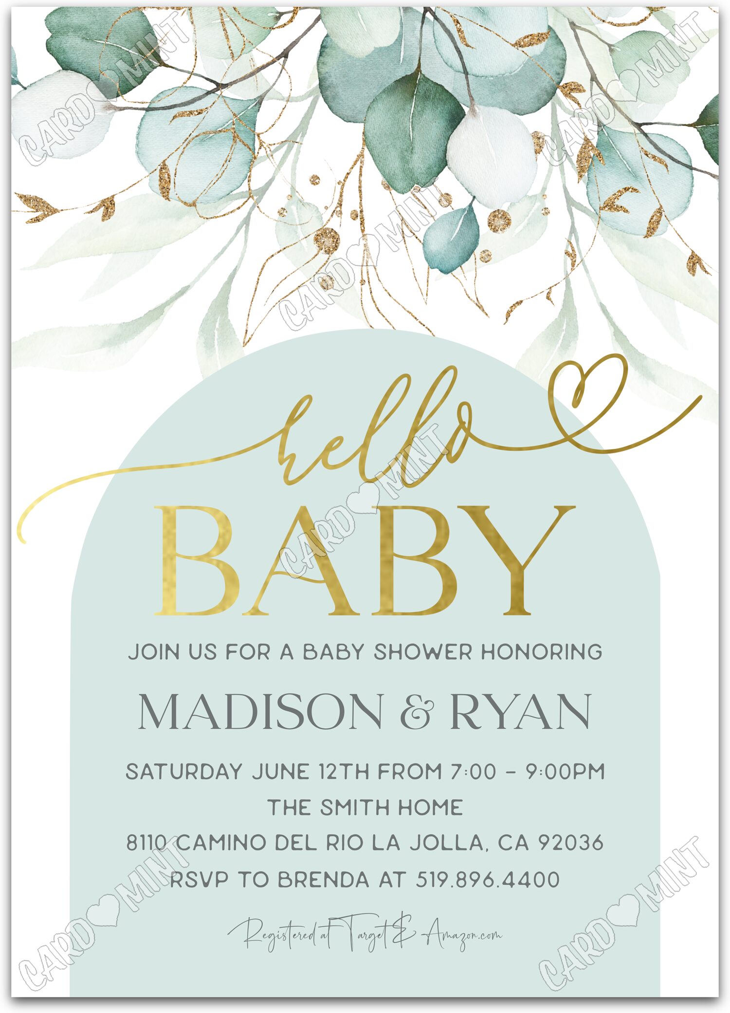 Editable Hello Baby! sage green arch and delicate greenery neutral Baby Shower 5"x7" Invitation EV1999