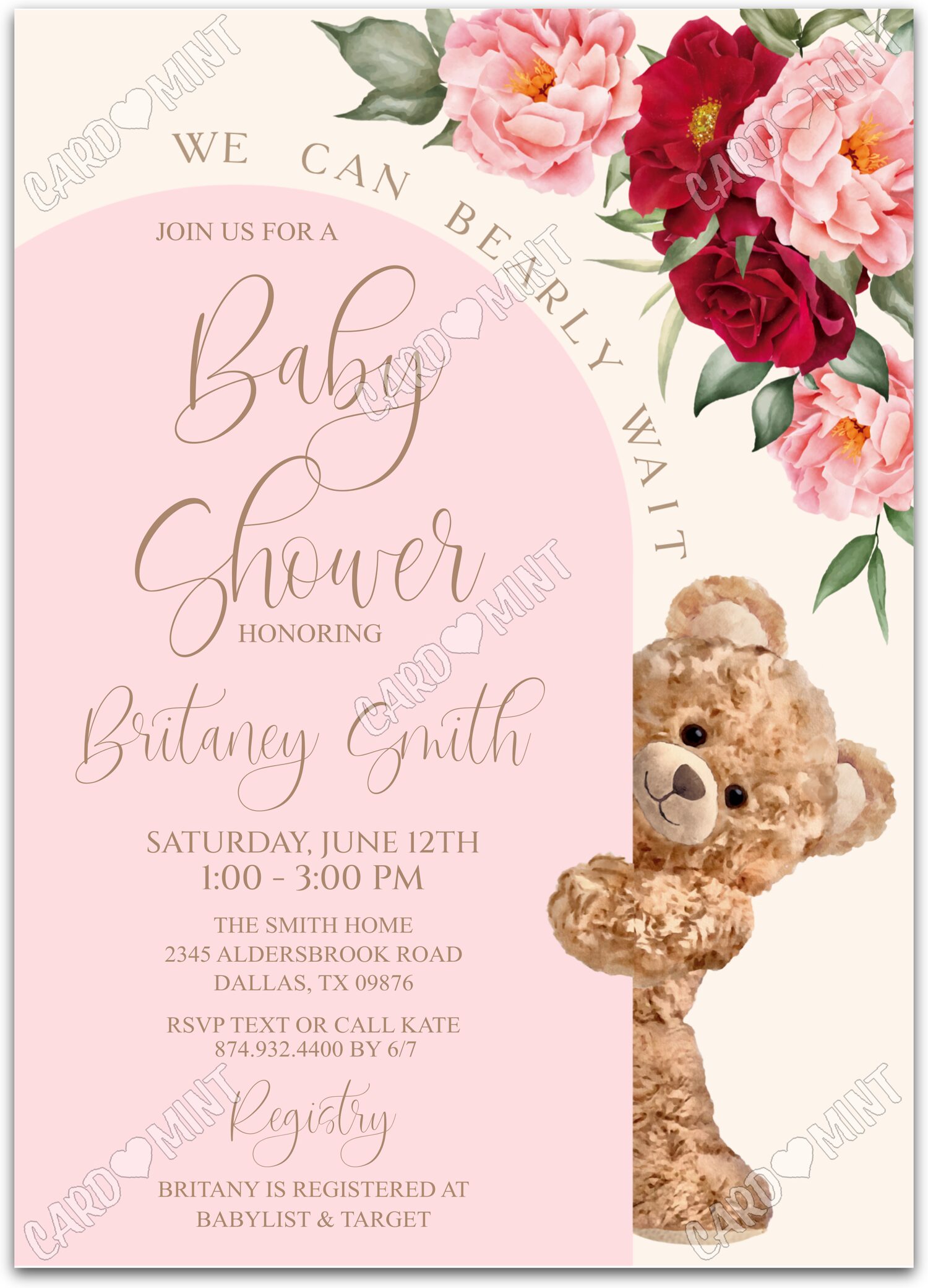 Editable Bearly Wait pink vivid blooms girl Baby Shower 5"x7" Invitation EV2001