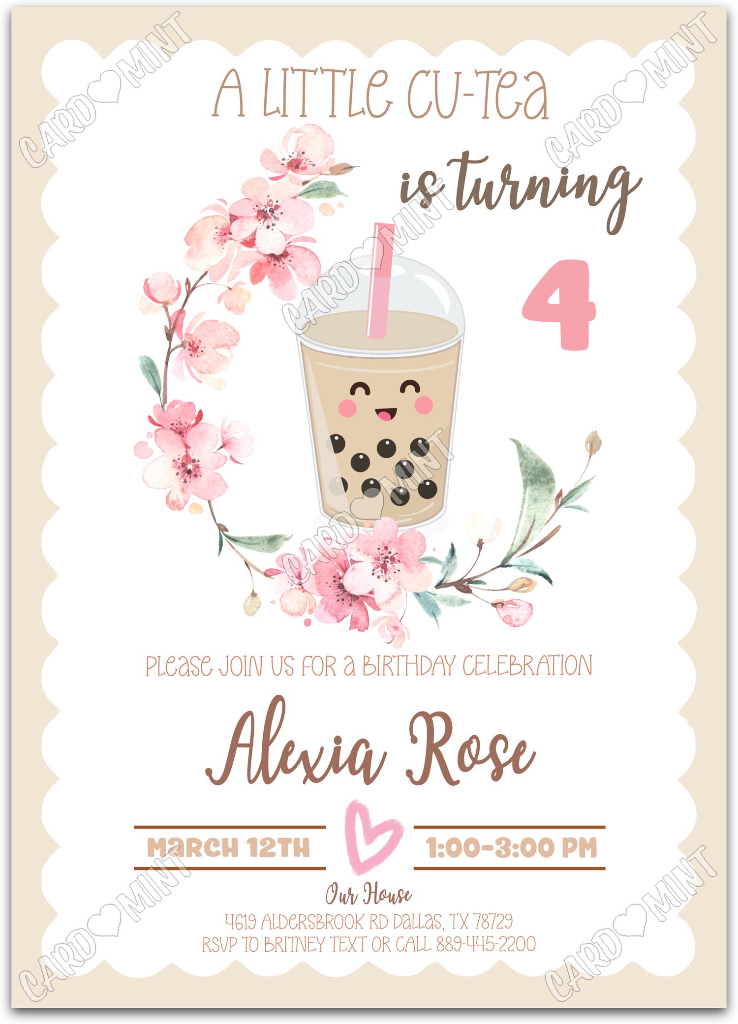 Editable Little Cu-Tea tan bubble tea & blooms girl Birthday Party 5"x7" Invitation EV2002