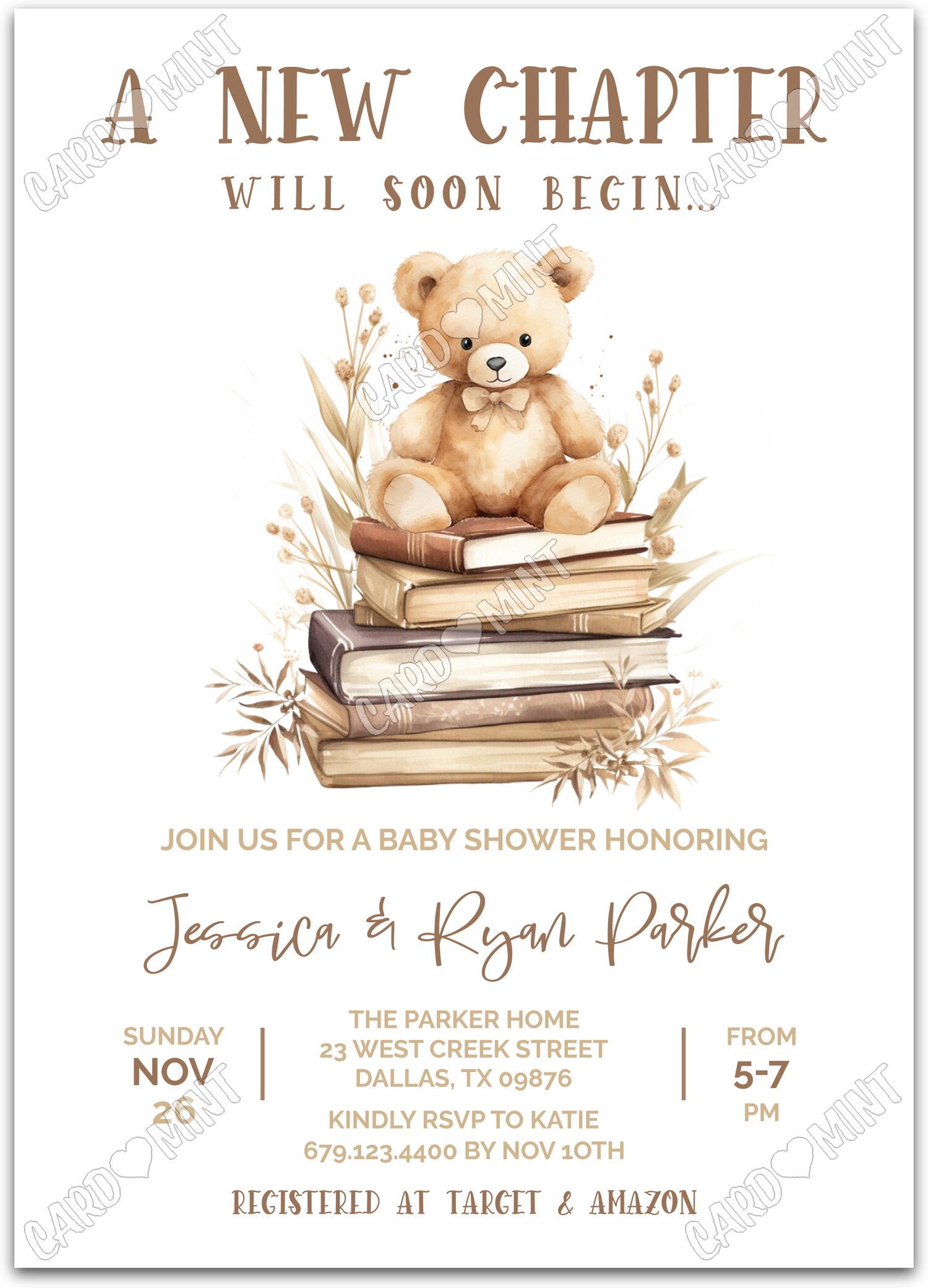 Editable A New Chapter tan teddy bear neutral Baby Shower 5"x7" Invitation EV2004