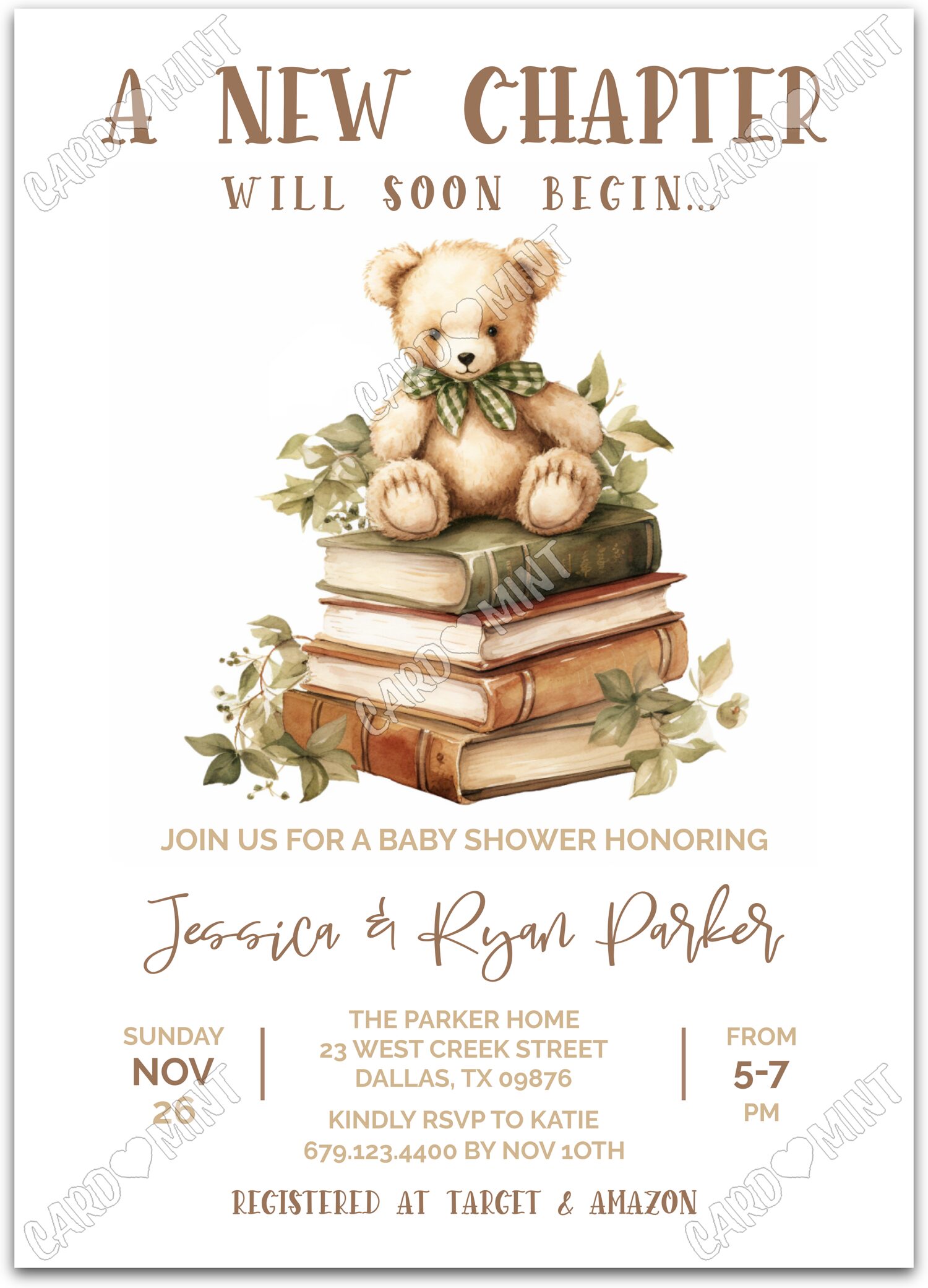 Editable A New Chapter green teddy bear neutral Baby Shower 5"x7" Invitation EV2006