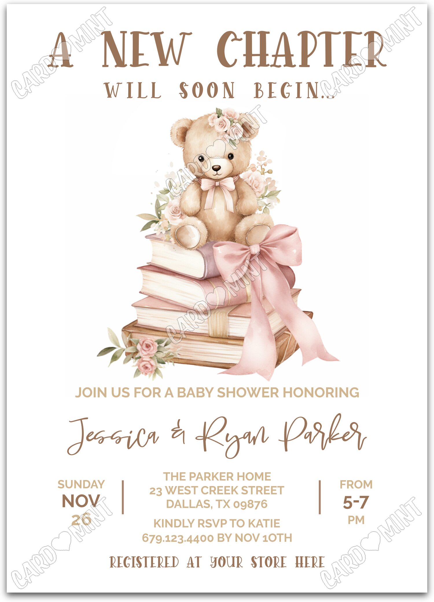 Editable A New Chapter tan/pink teddy bear girl Baby Shower 5"x7" Invitation EV2007