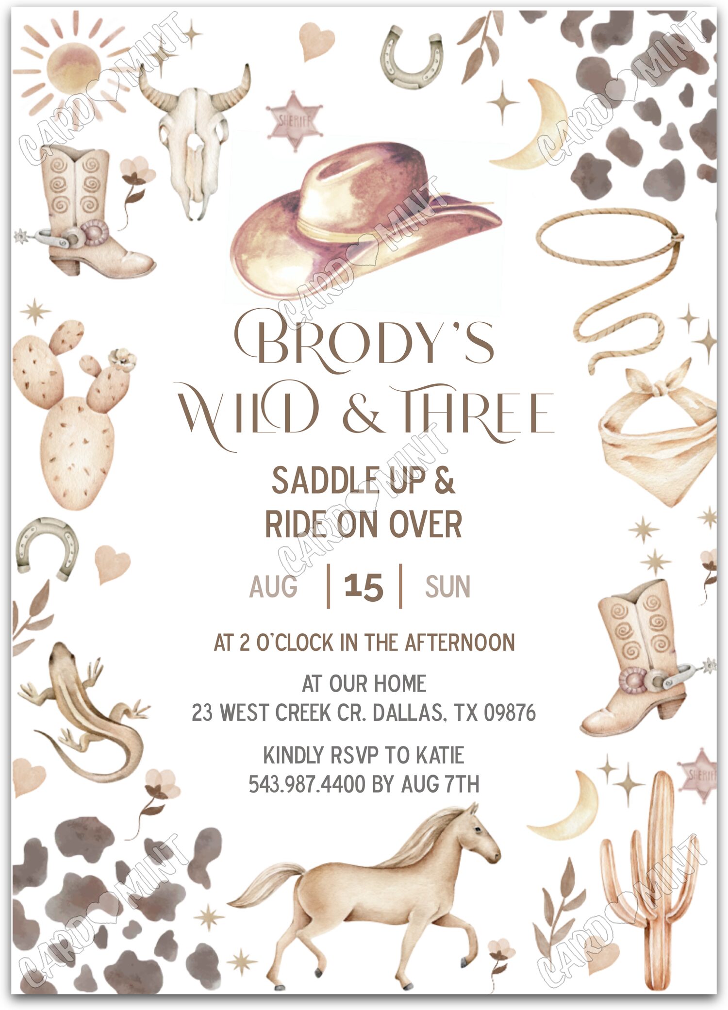 Editable Wild & Three tan cowboy attire boy 3rd Birthday Party 5"x7" Invitation EV2008