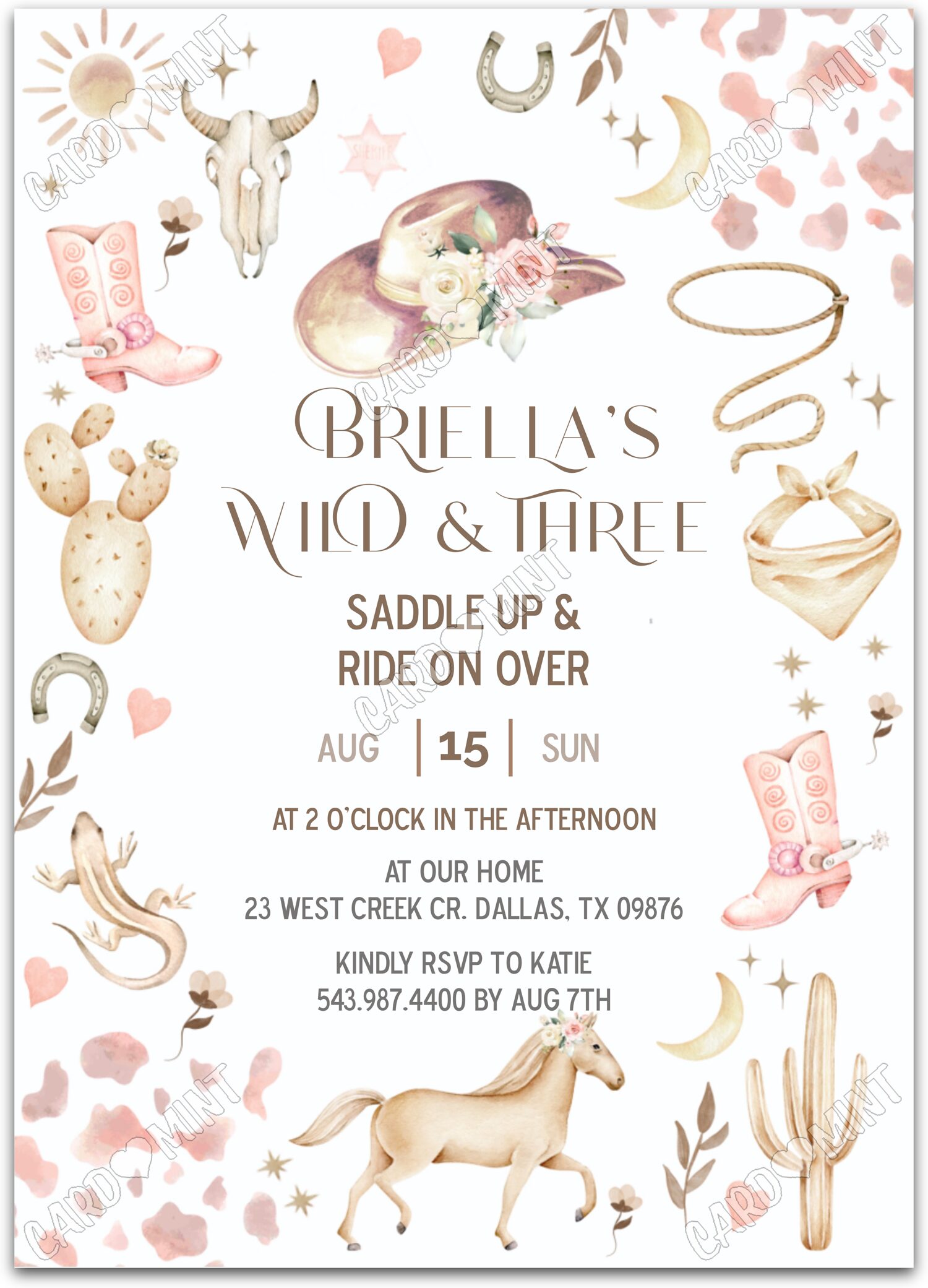 Editable Wild & Three peach cowgirl attire girl 3rd Birthday Party 5"x7" Invitation EV2009