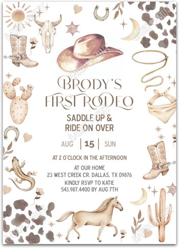 Editable First Rodeo First Birthday Party Invitation printable or evite for boy with cowboy attire, colorful EV2011
