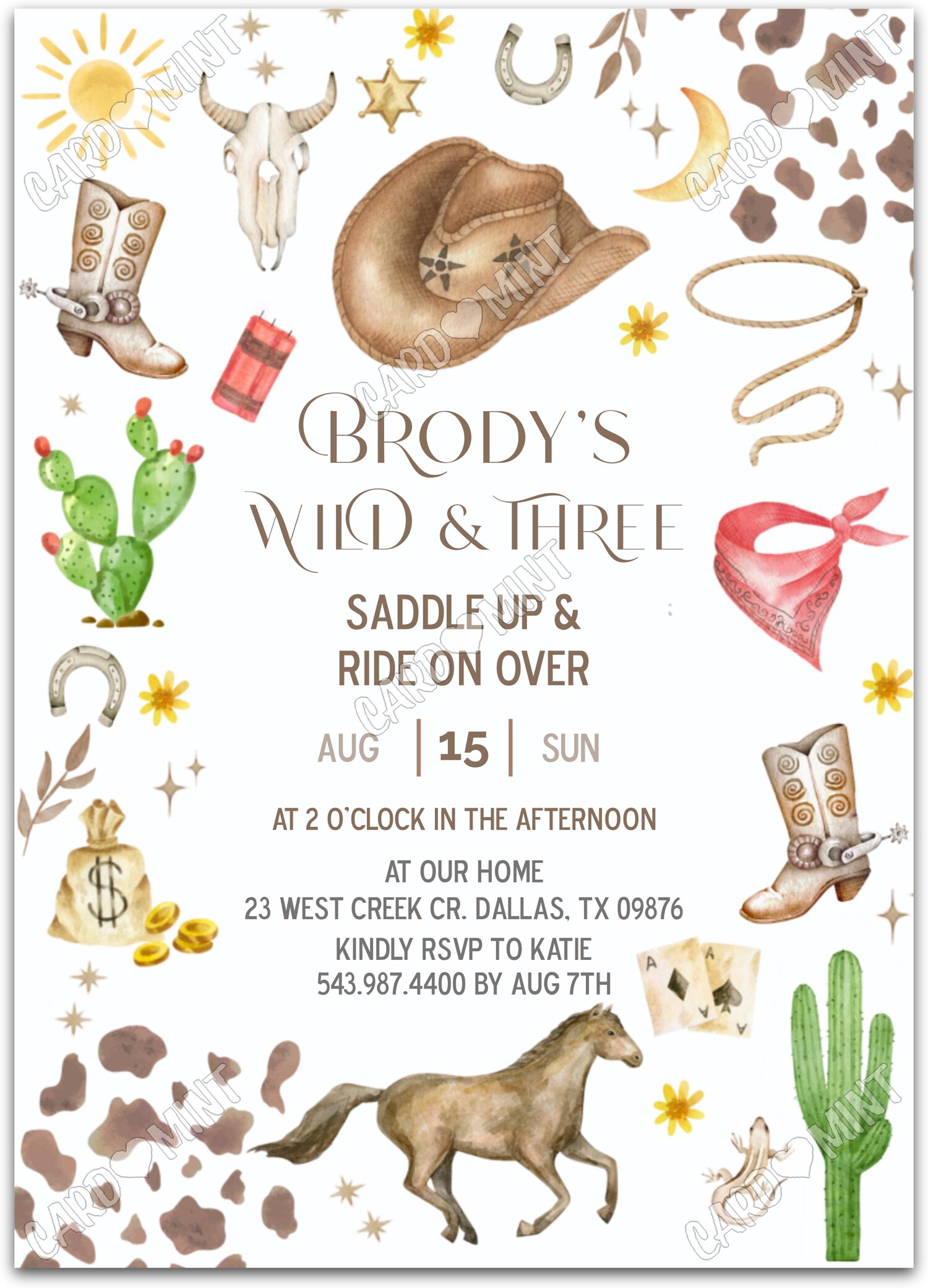 Editable Wild & Three colorful cowboy attire boy 3rd Birthday Party 5"x7" Invitation EV2017