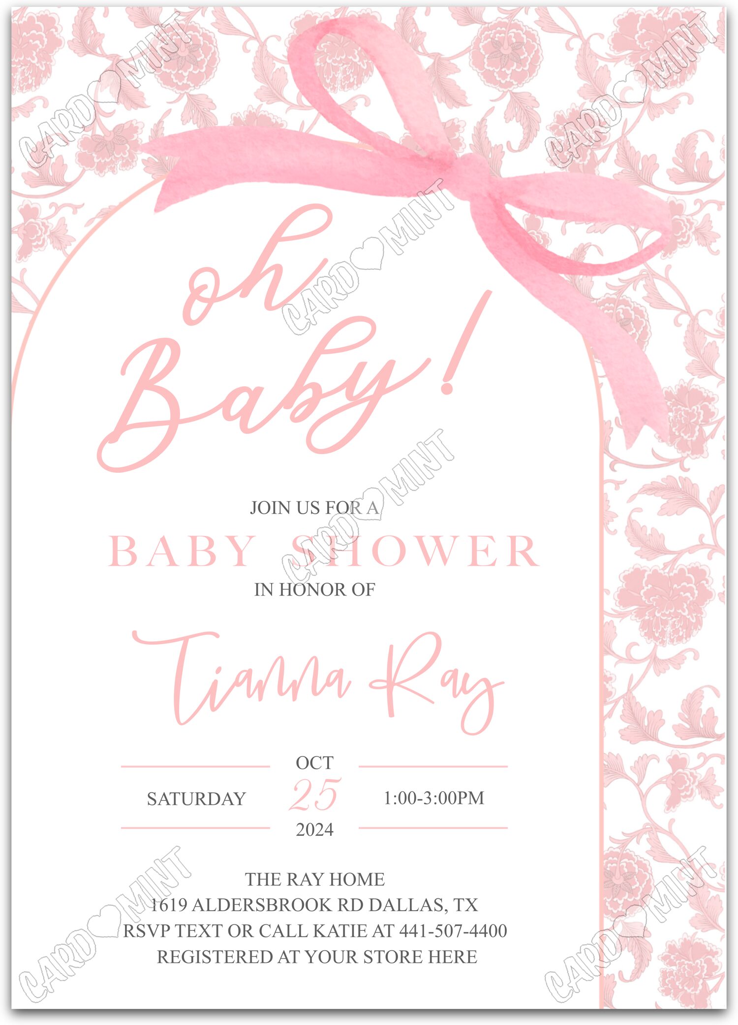 Editable Oh Baby pink preppy pink bow girl Baby Shower 5"x7" Invitation EV2018