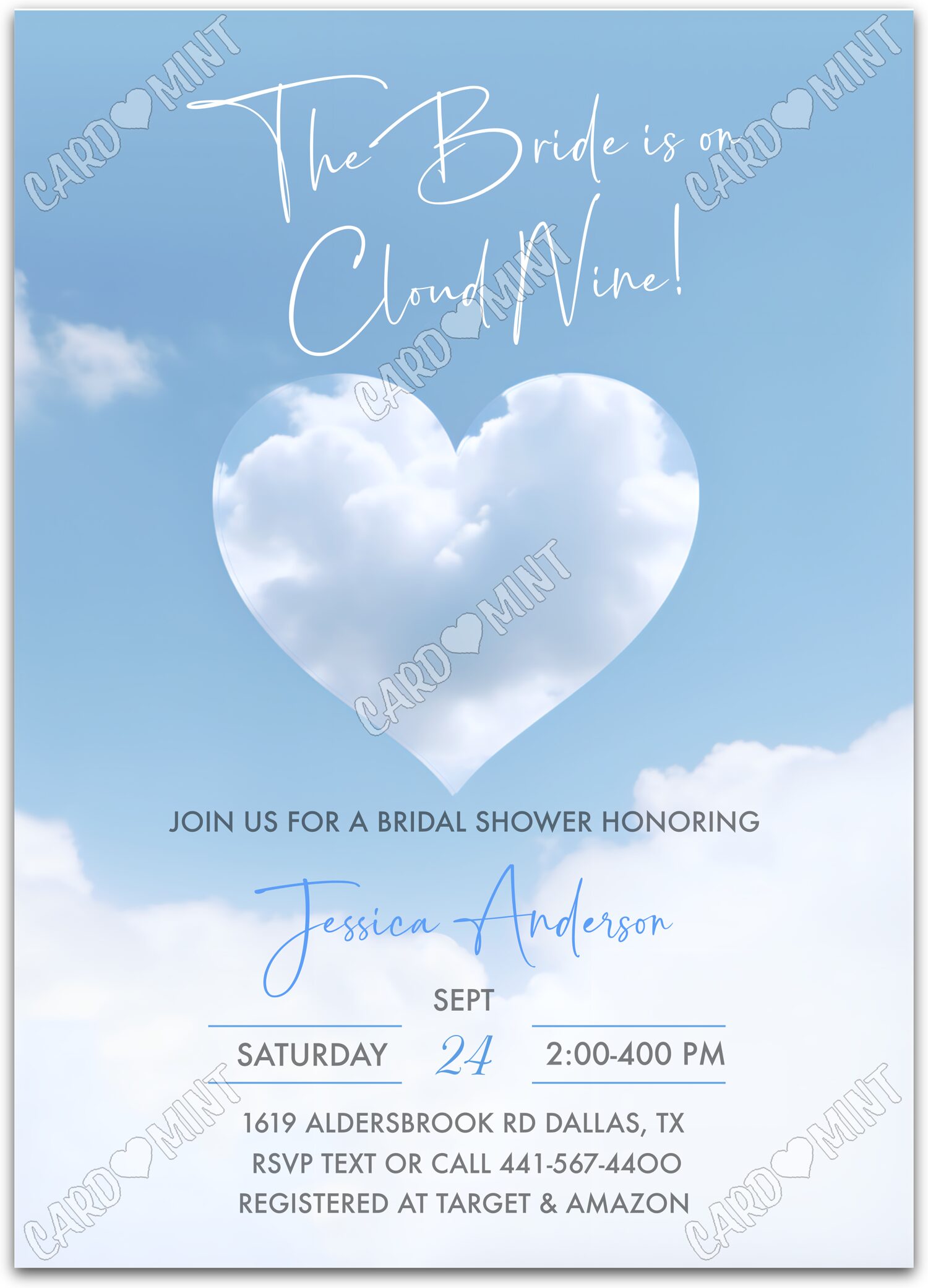 Editable The Bride is on Cloud Nine blue clouds Bridal Shower 5"x7" Invitation EV2019