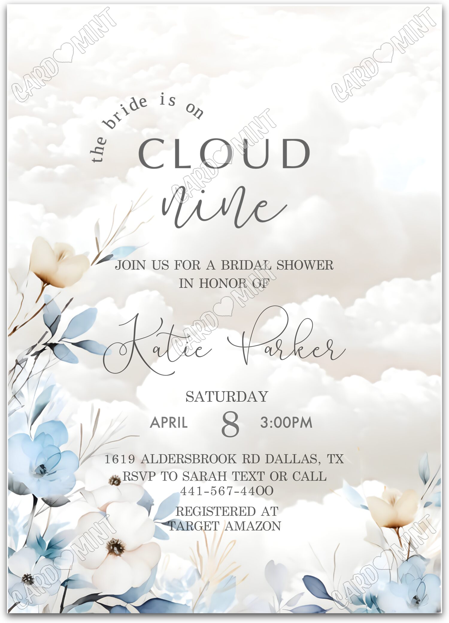 Editable The Bride is on Cloud Nine white flower petals Bridal Shower 5"x7" Invitation EV2020