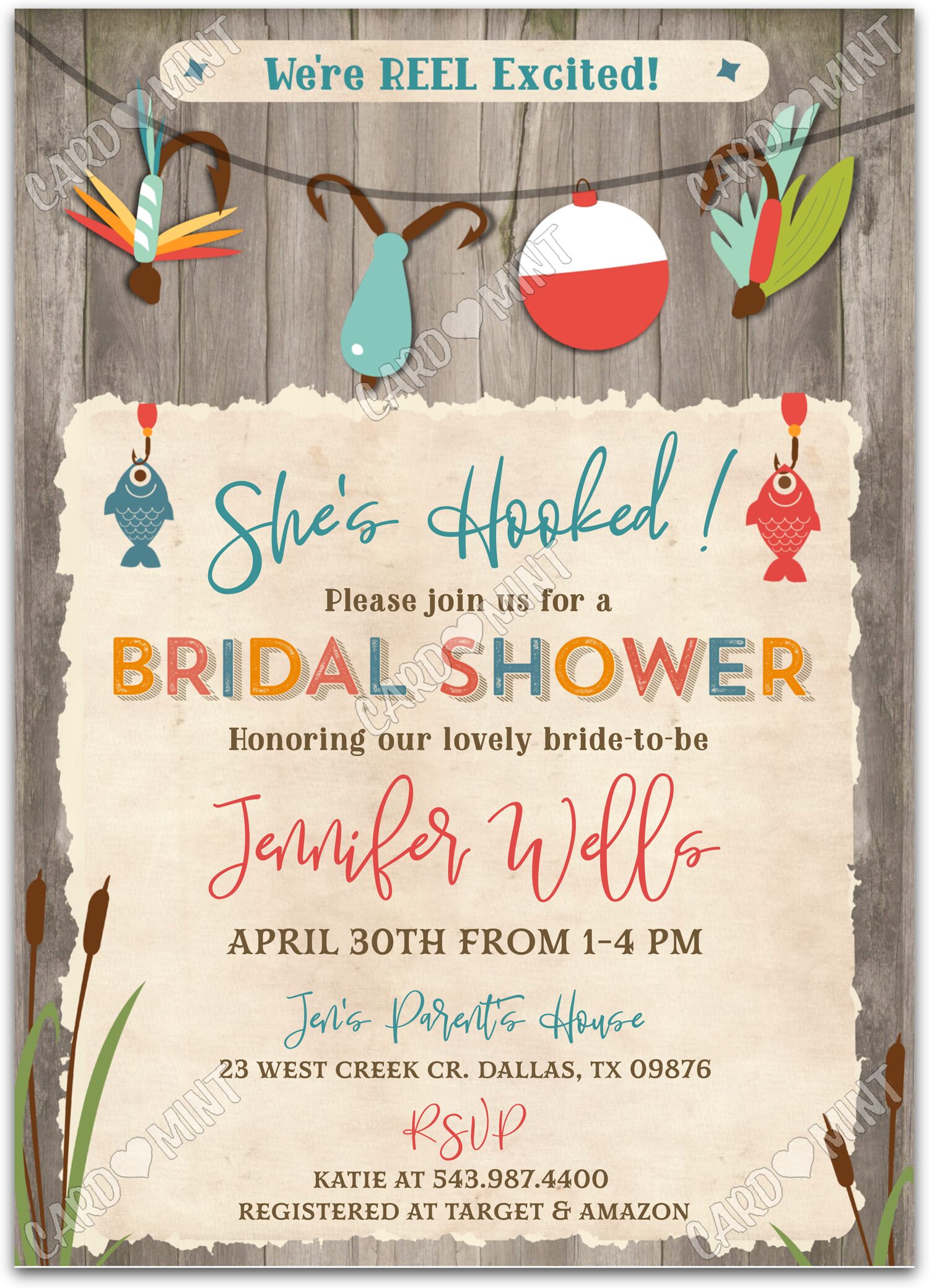 Editable She's Hooked beige fishing tackle Bridal Shower 5"x7" Invitation EV2021