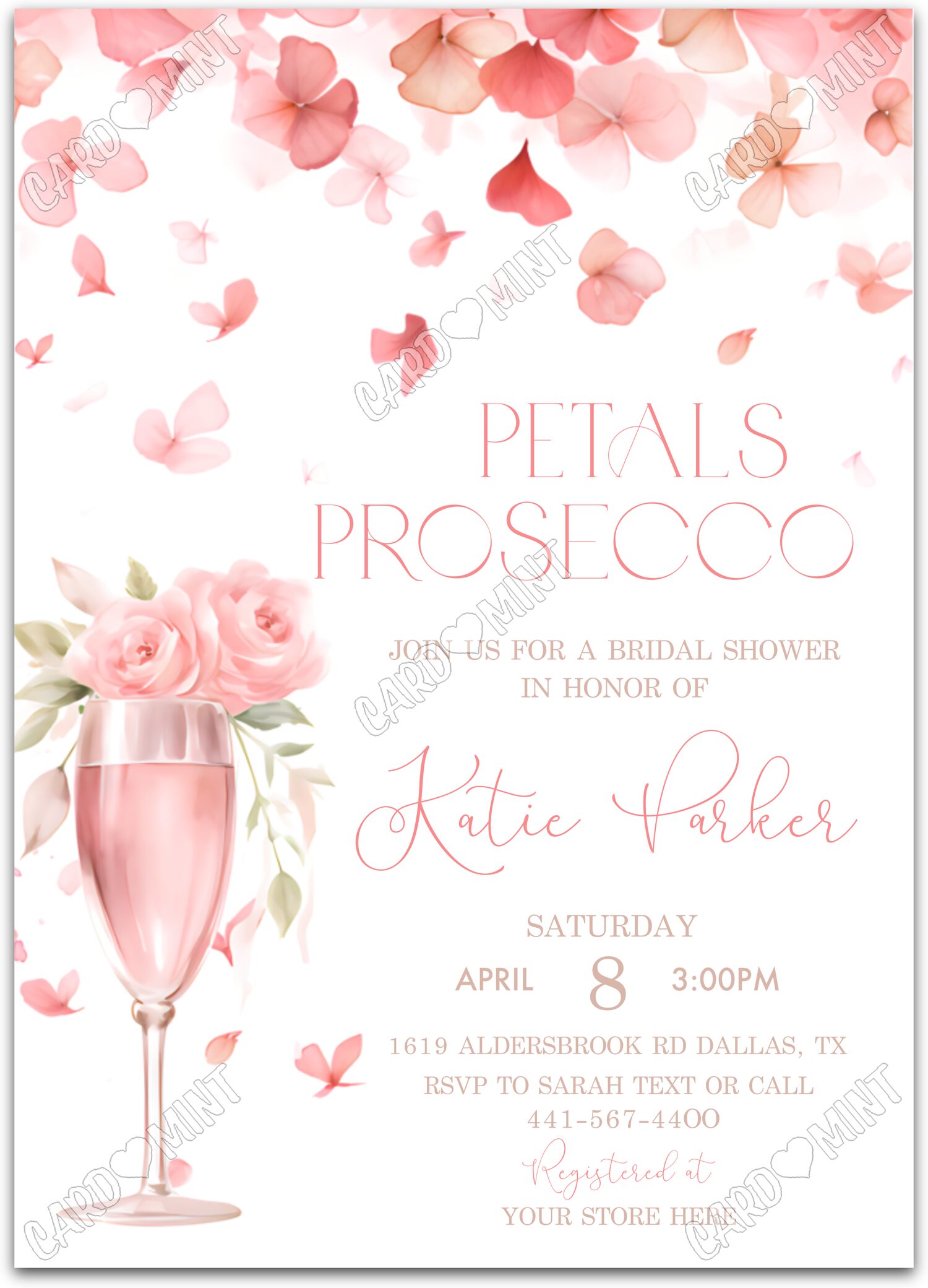 Editable Petals & Prosecco rose wine & blooms Bridal Shower Invitation EV2022