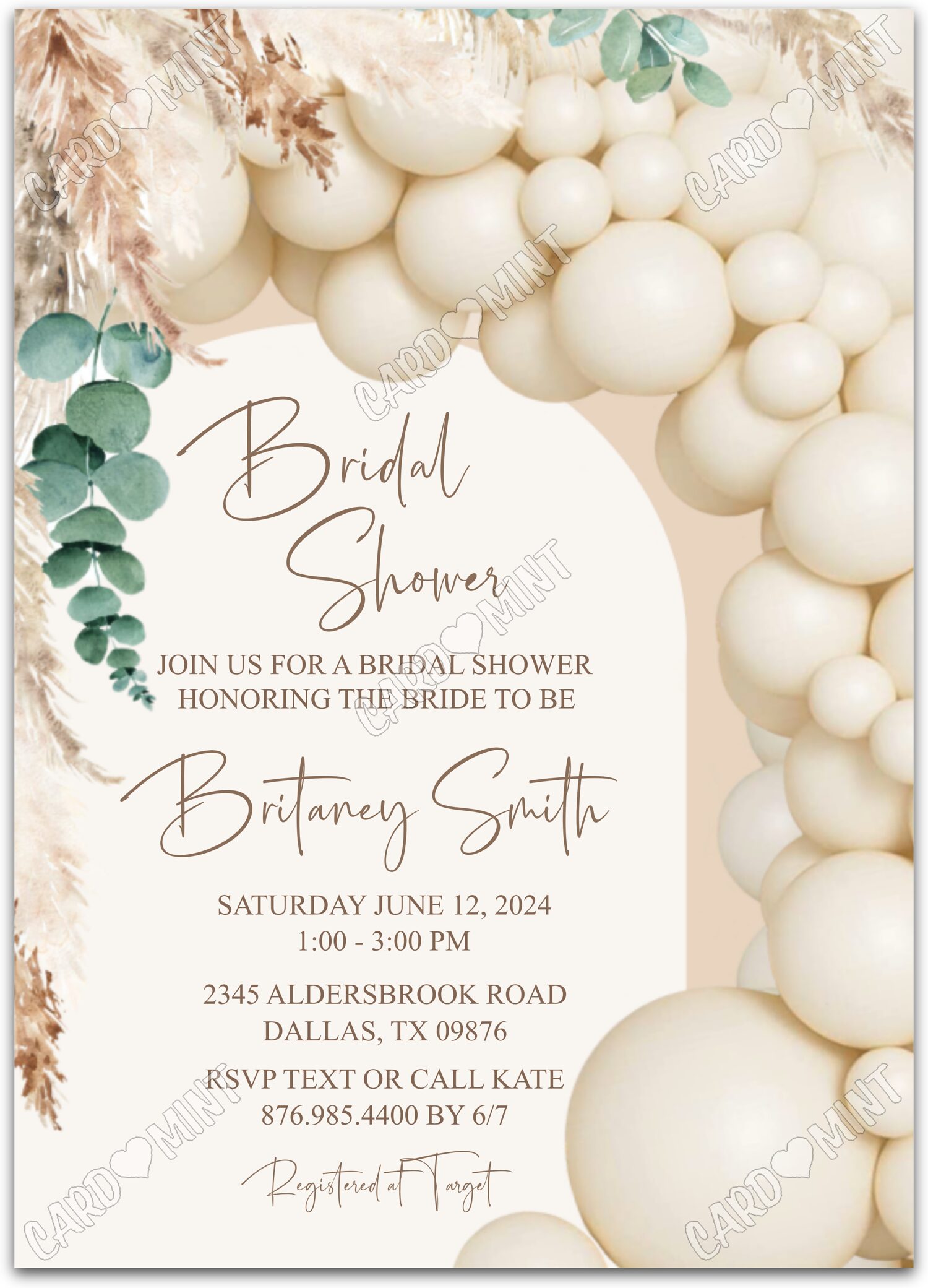 Editable White Balloon Arch white balloons & leaves Bridal Shower 5"x7" Invitation EV2023