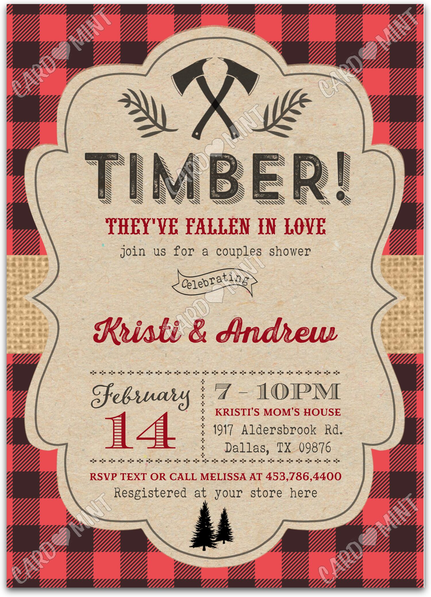 Editable Timber red fishing Bridal Shower 5"x7" Invitation EV2024