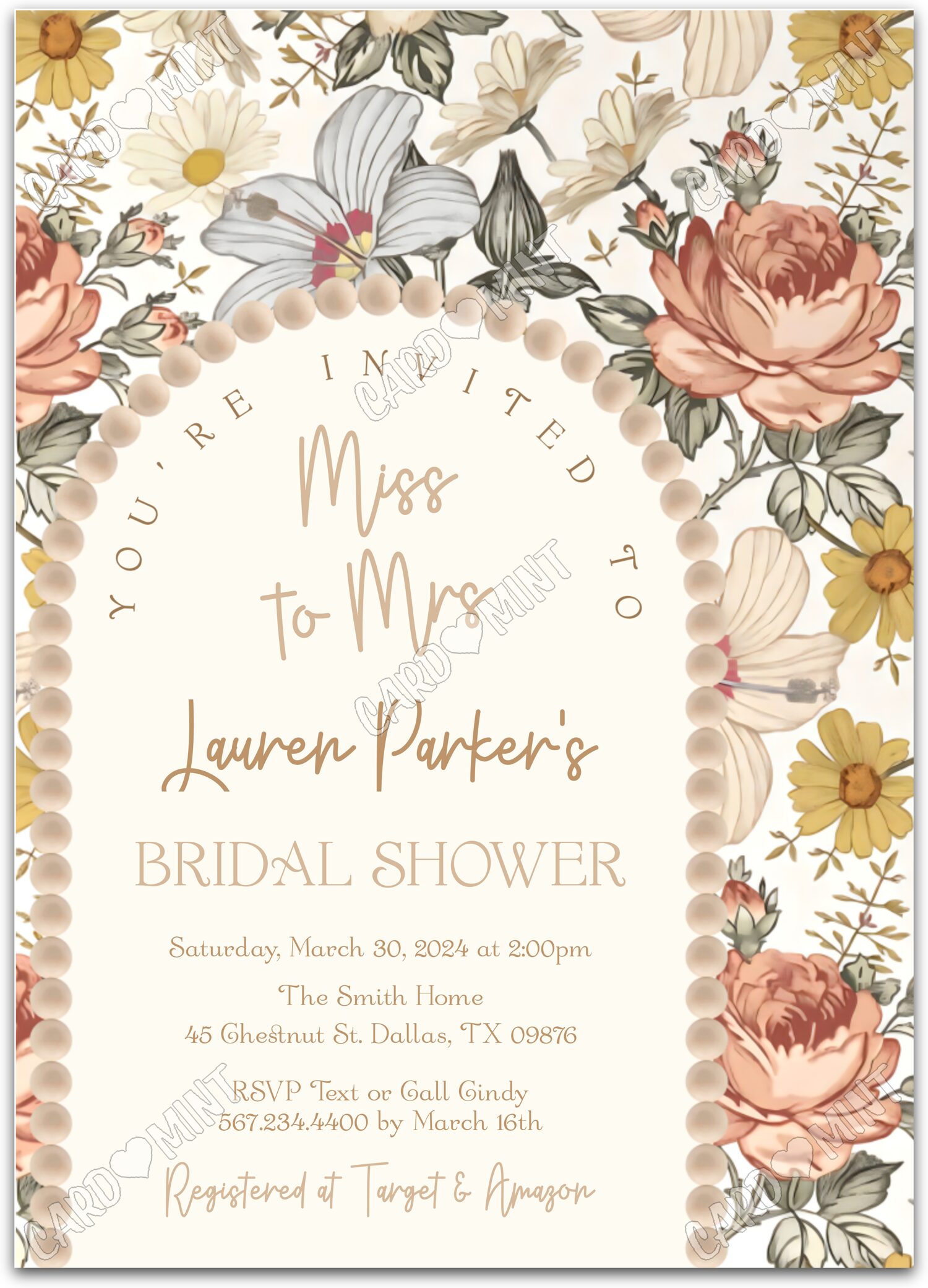 Editable Miss to Mrs orange/green floral Bridal Shower 5"x7" Invitation EV2027