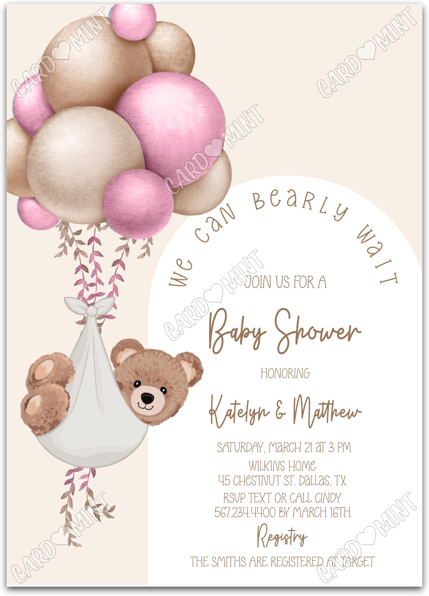 Editable Bearly Wait tan/pink teddy bear & balloons girl Baby Shower 5"x7" Invitation EV2030