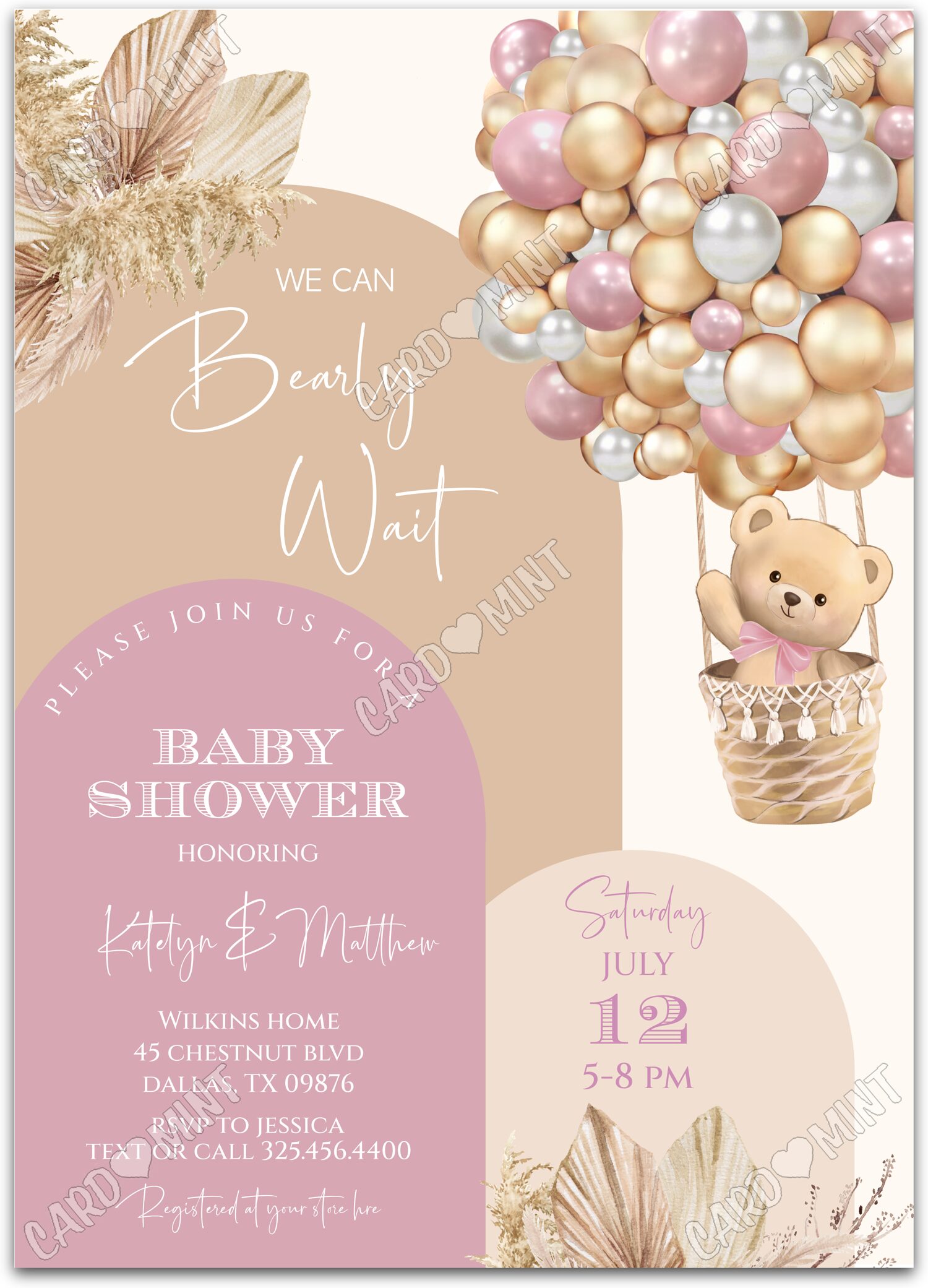 Editable Bearly Wait tan/pink teddy bear & hot air balloon arch girl Baby Shower 5"x7" Invitation EV2031