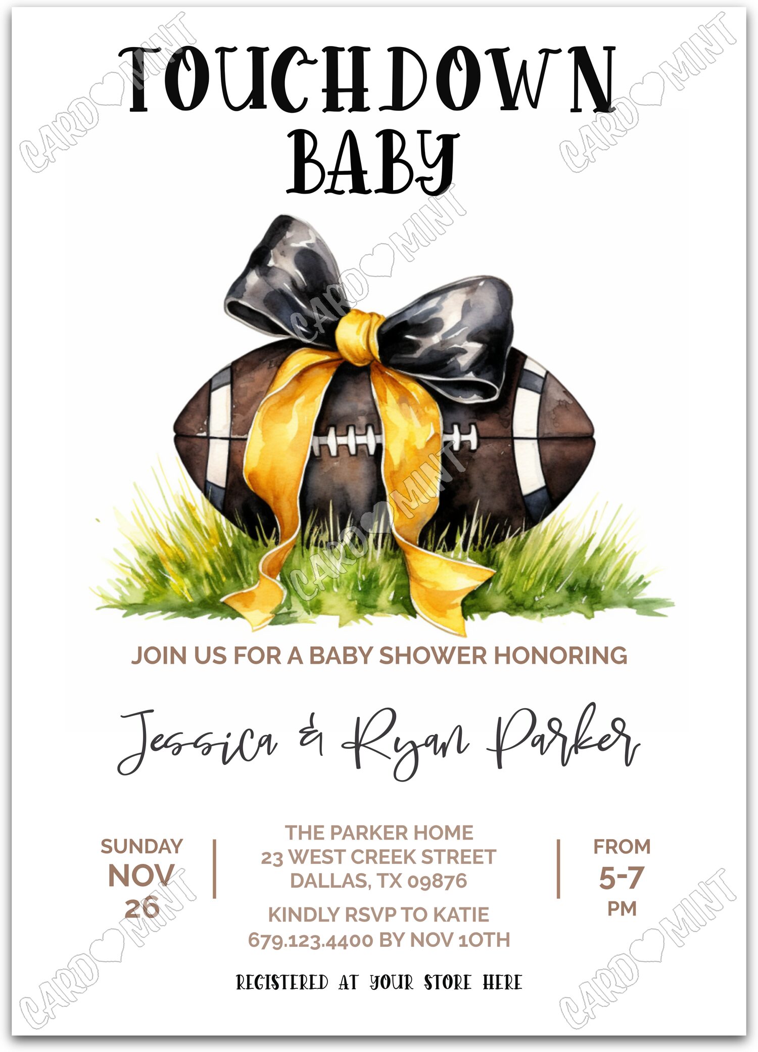 Editable Touchdown Baby yellow football & black/yellow bow neutral Baby Shower 5"x7" Invitation EV2034