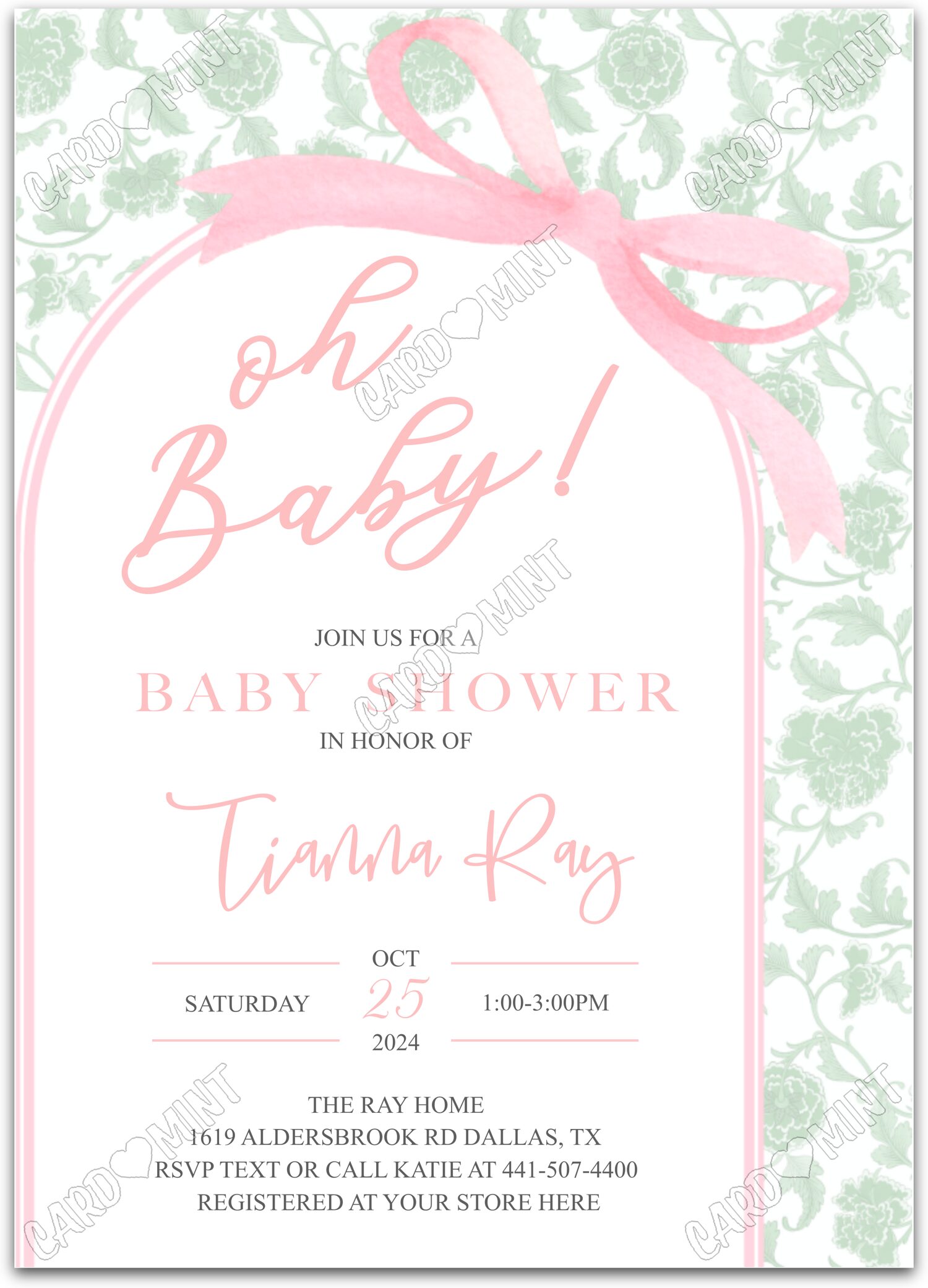 Editable Oh Baby green pink bow & chinoiserie pattern girl Baby Shower 5"x7" Invitation EV2035