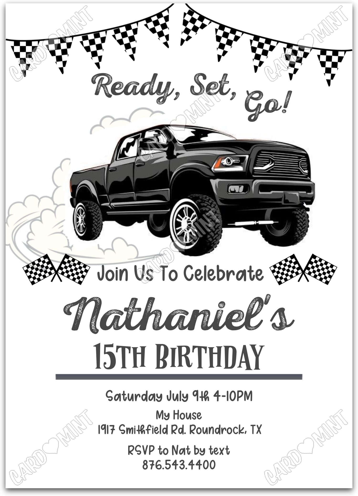 Editable Ready, Set, Go white black racing truck and checkered flags boy Birthday Party 5"x7" Invitation EV2038