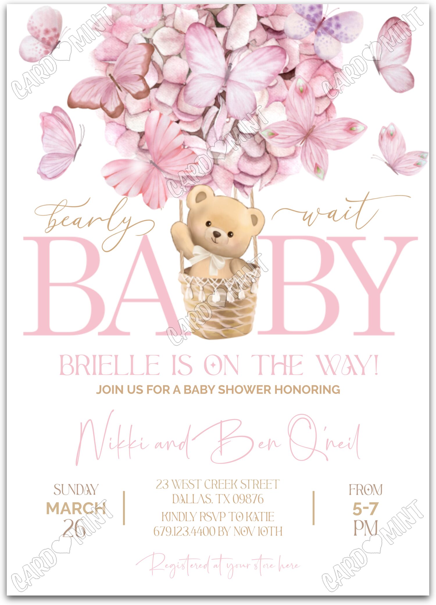 Editable Bearly Wait pink teddy bear & butterflies girl Baby Shower 5"x7" Invitation EV2040