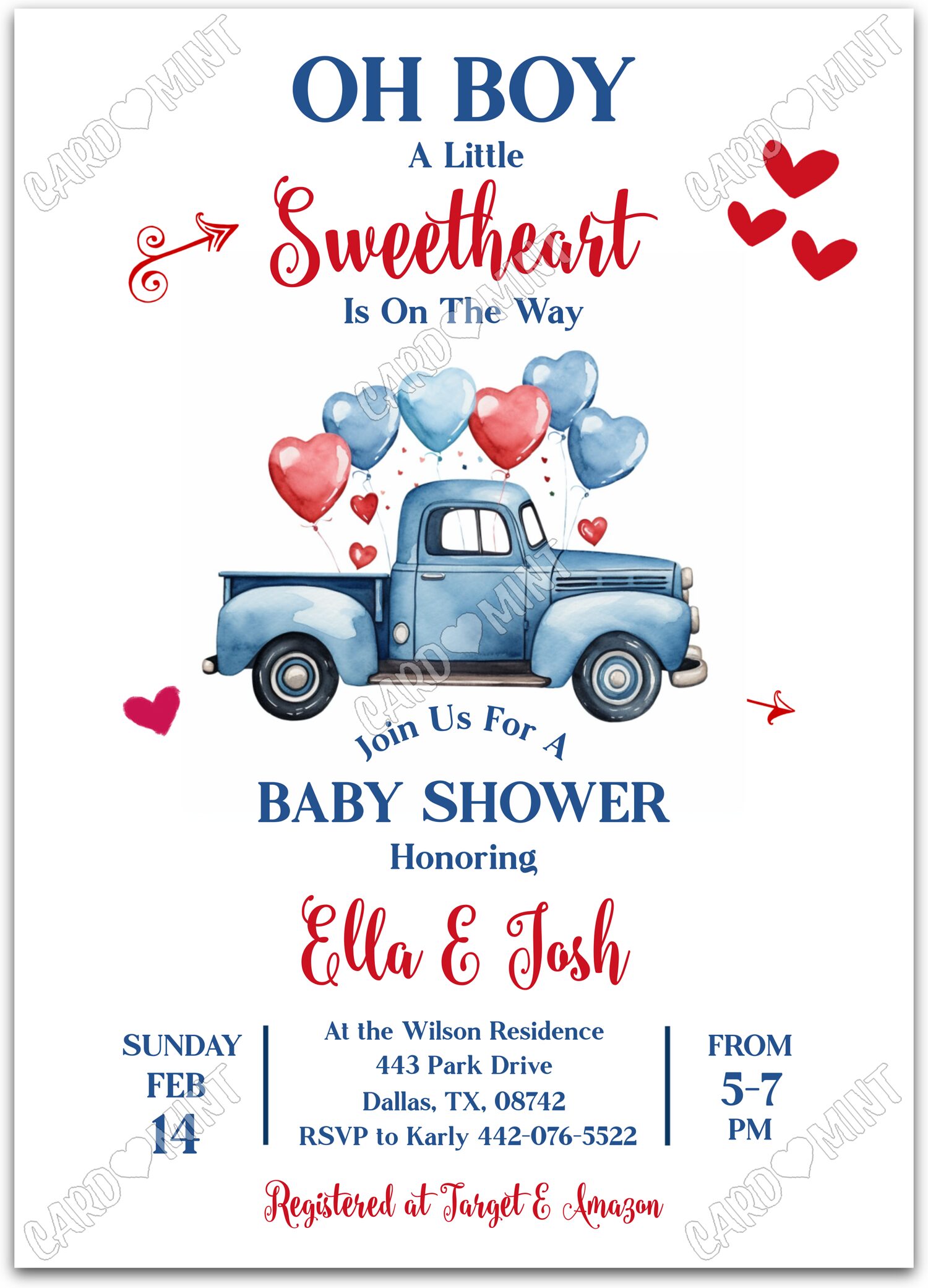 Editable A Little Sweetheart white vintage truck and hearts boy Baby Shower 5"x7" Invitation EV2042