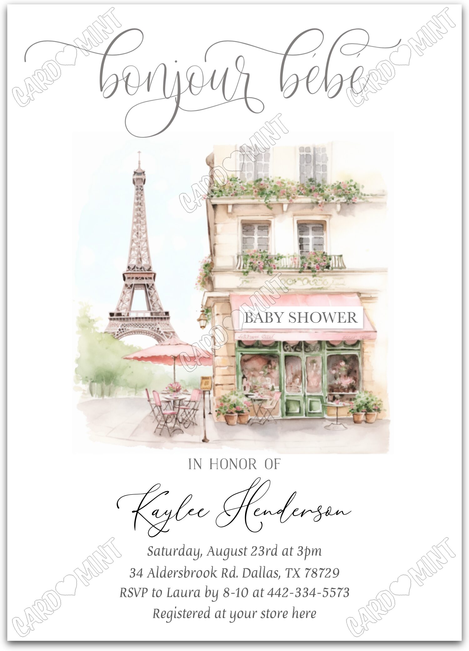 Editable Bonjour Bebe white Eiffel Tower w/floral back girl Baby Shower 5"x7" Invitation EV2053