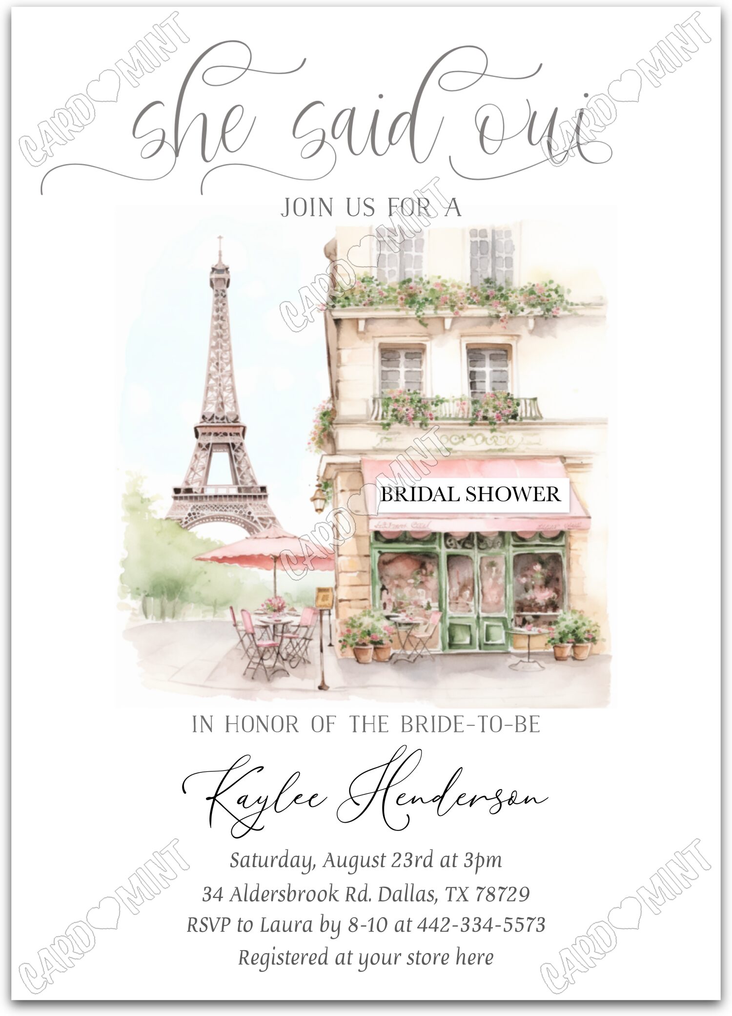 Editable She Said Oui white Eiffel Tower w/floral back girl Bridal Shower 5"x7" Invitation EV2055