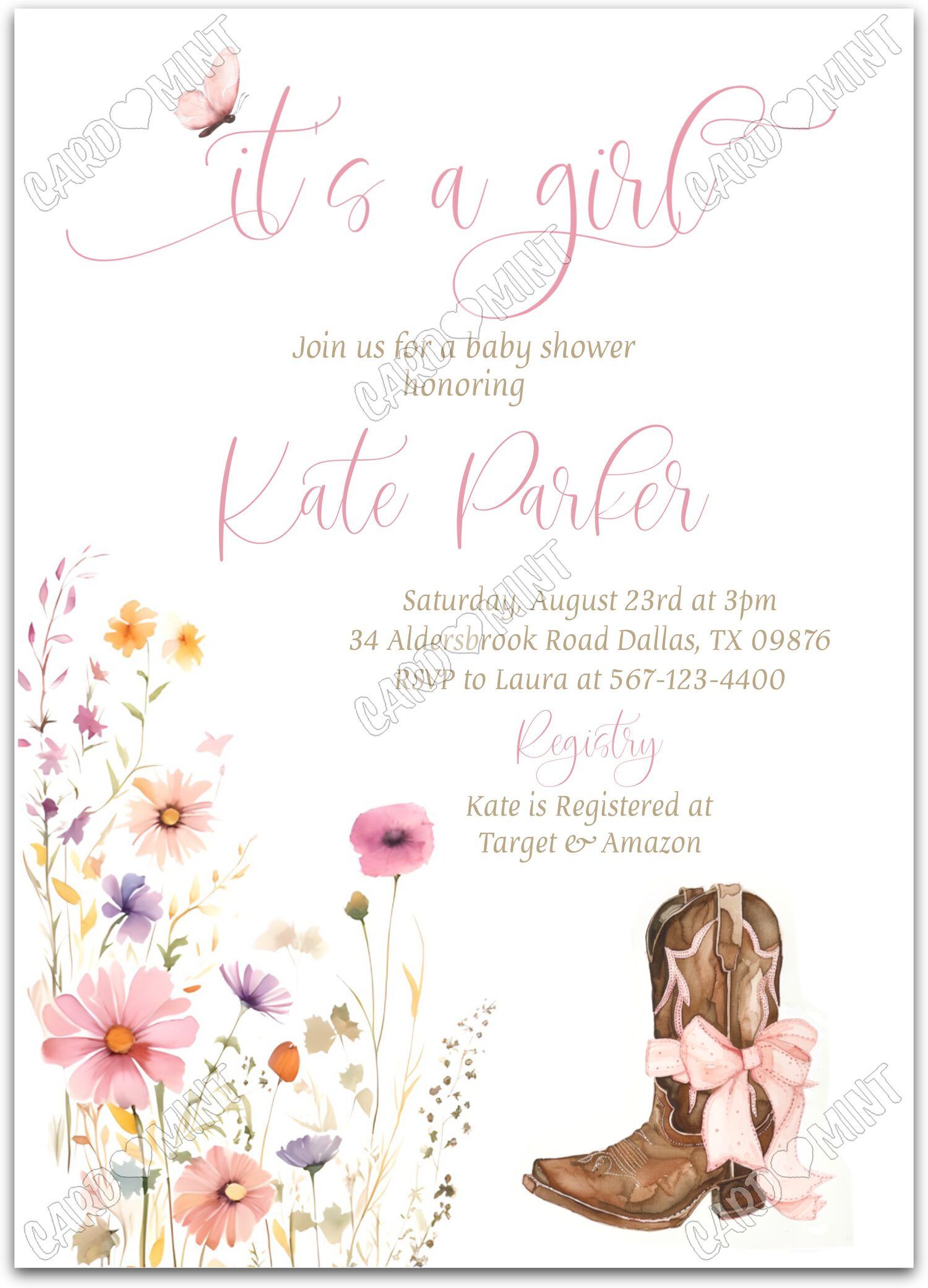 Editable Floral Girl boots w/bow & floral pattern girl Baby Shower Invitation EV2057