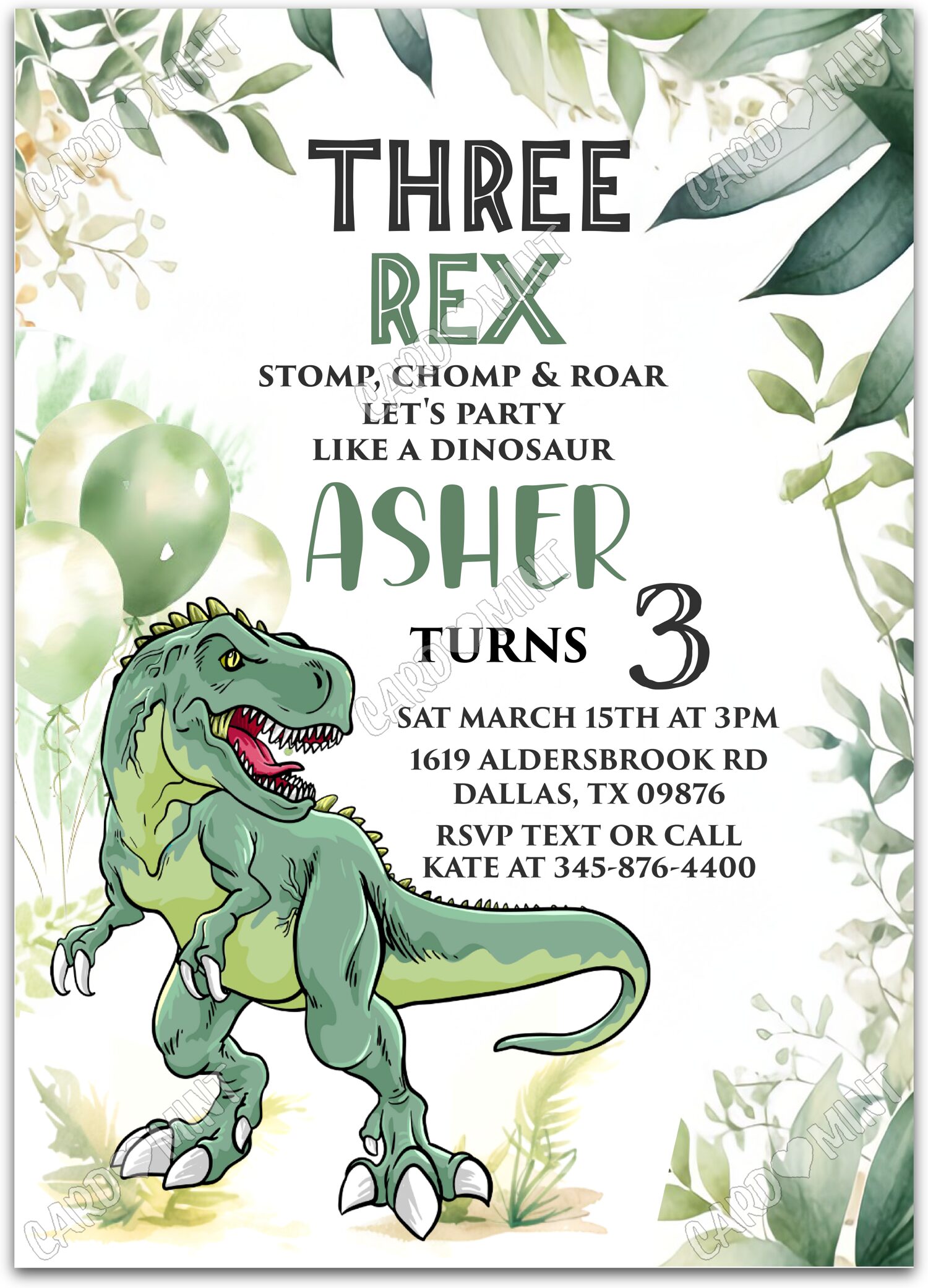 Editable Three Rex green dinosaur & balloons boy Birthday Party 5"x7" Invitation EV2061