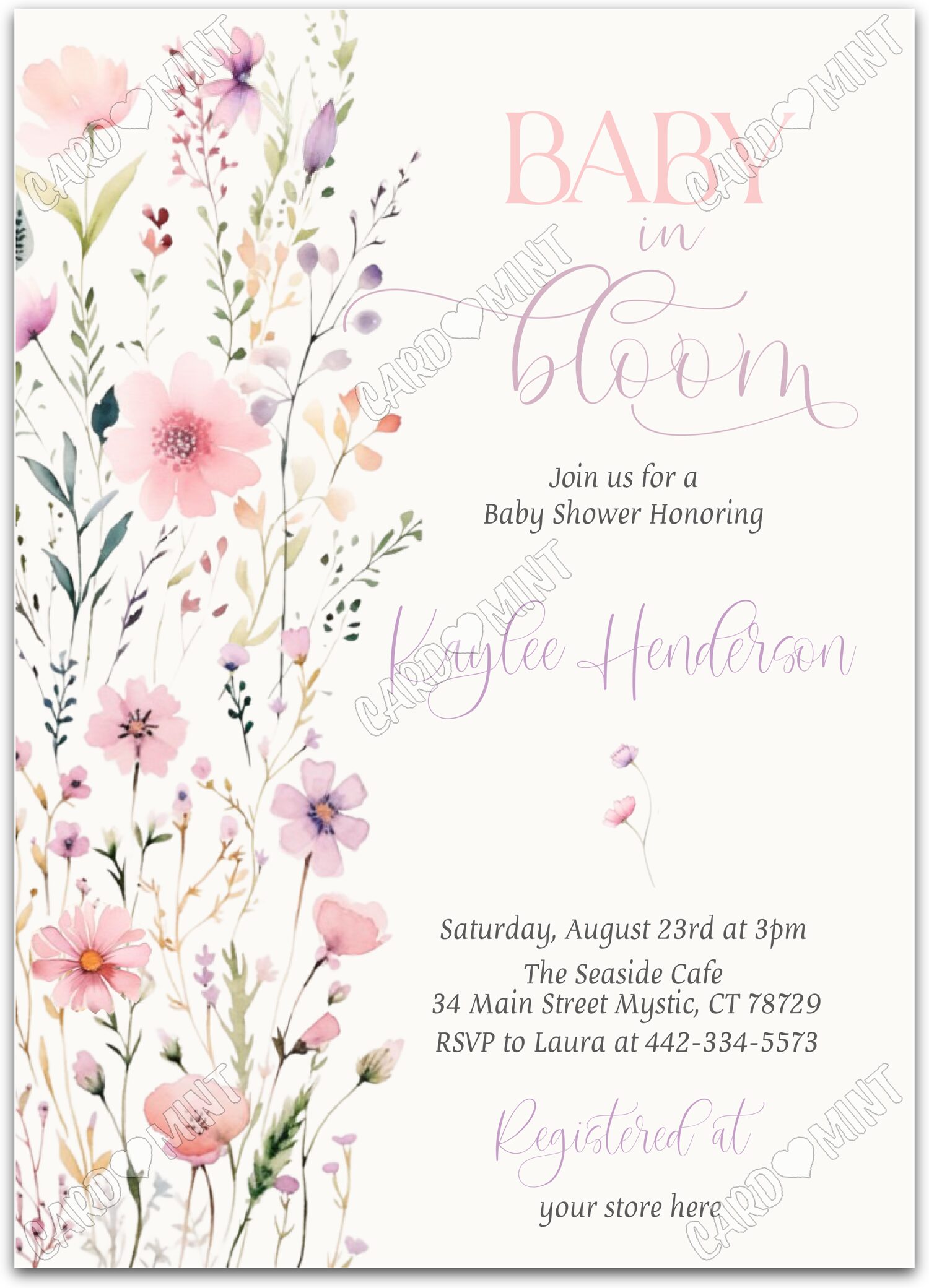 Editable Baby in Bloom pink wildflowers girl Baby Shower 5"x7" Invitation EV2063