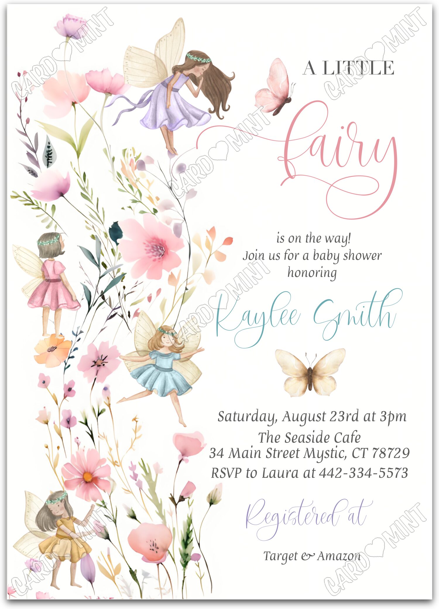 Editable A Little Fairy is on the Way colorful brunette fairy girl Baby Shower Invitation EV2068